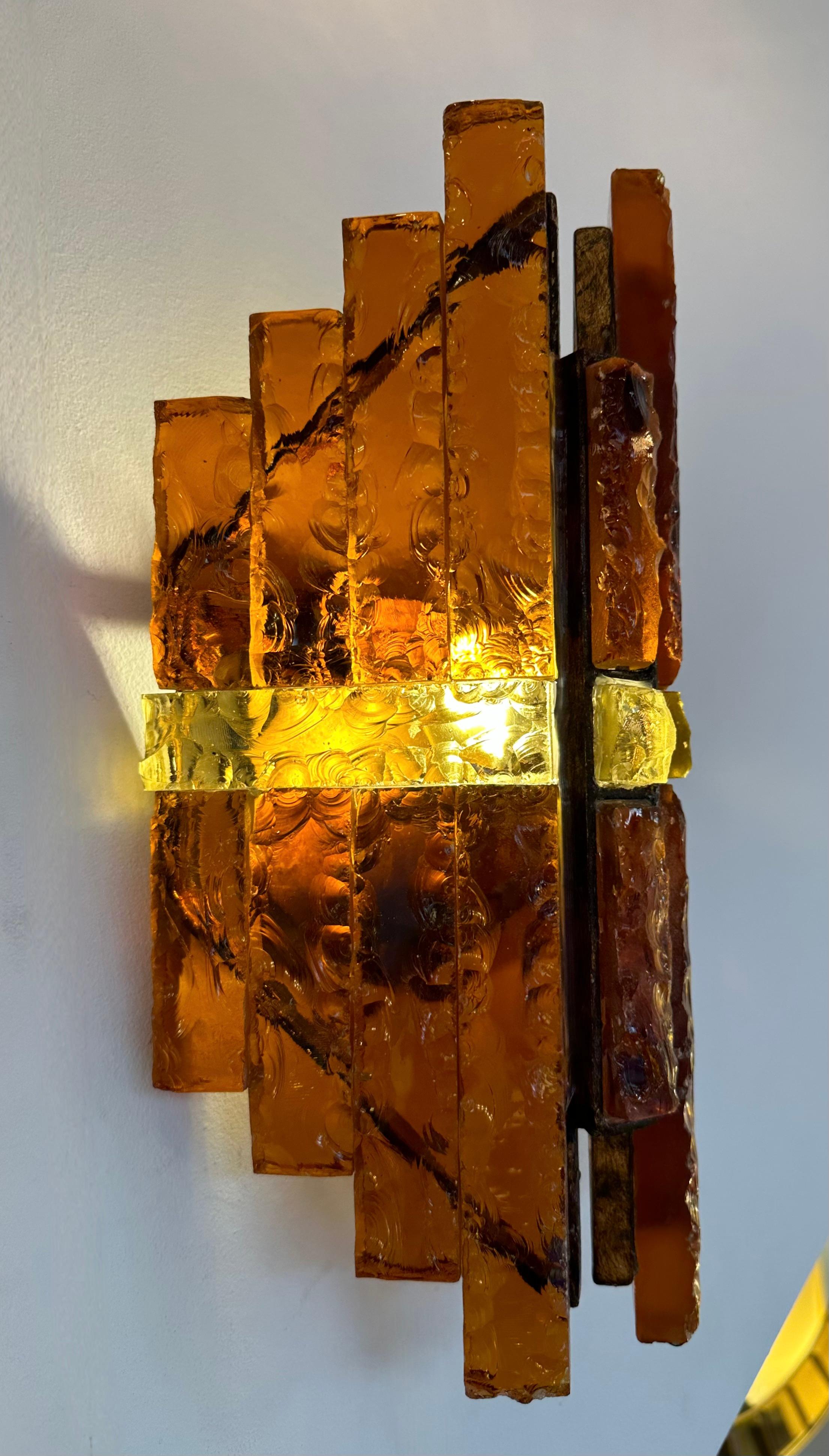Pair of Hammered Glass Wrought Iron Sconces by Longobard, Italy, 1970s For Sale 3