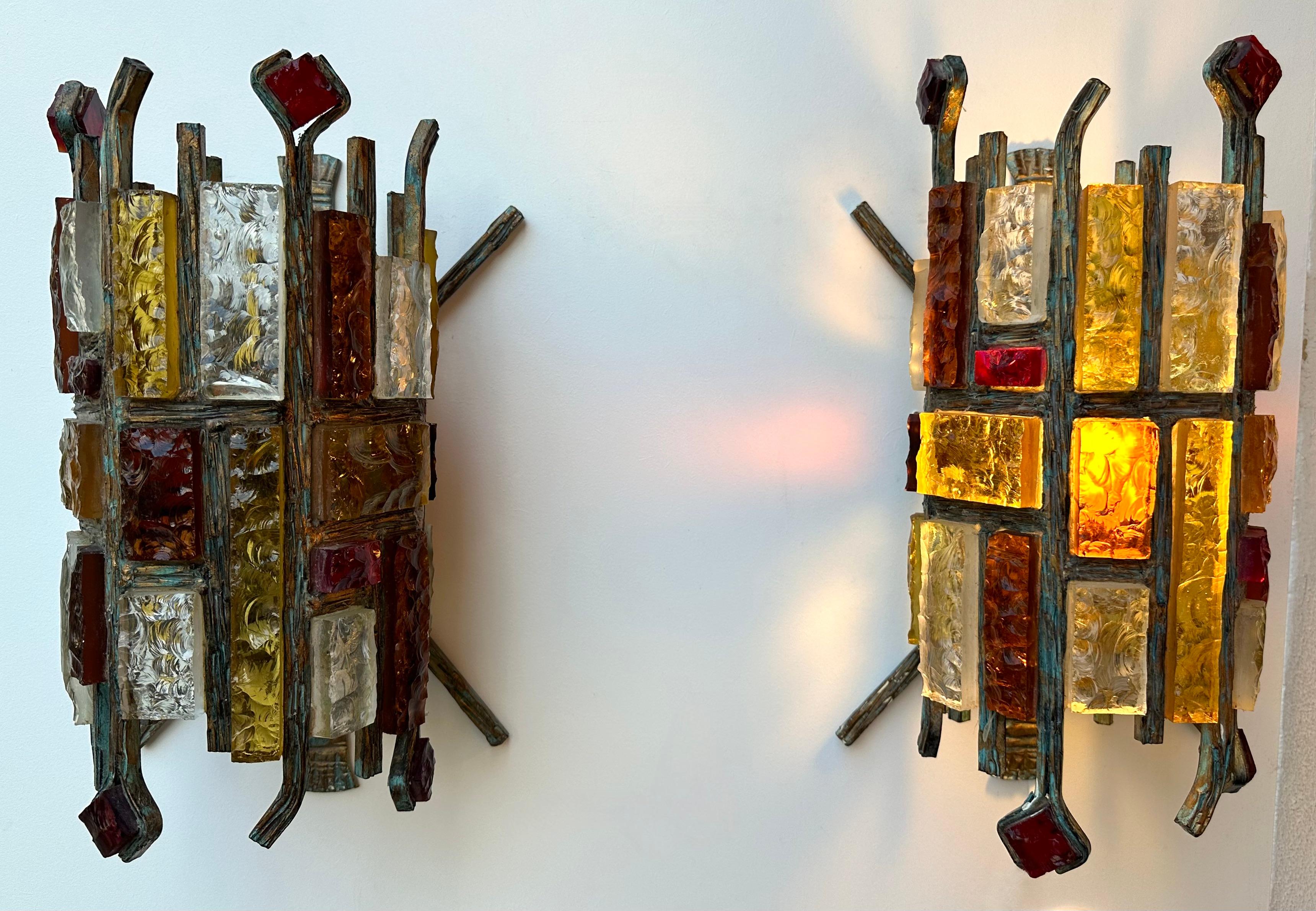 Pair of Hammered Glass Wrought Iron Sconces by Longobard, Italy, 1970s 4