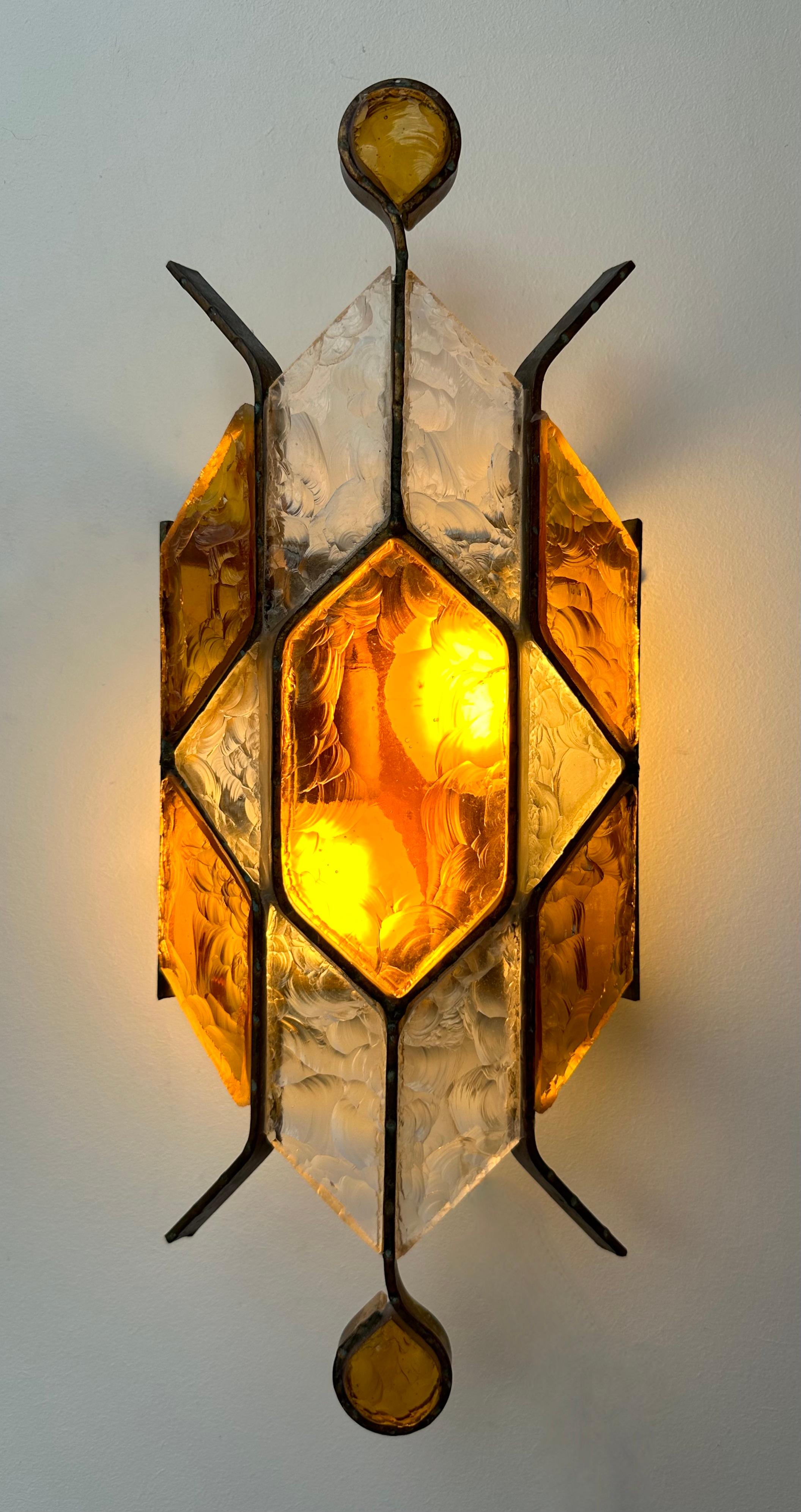 Pair of Hammered Glass Wrought Iron Sconces by Longobard, Italy, 1970s For Sale 4