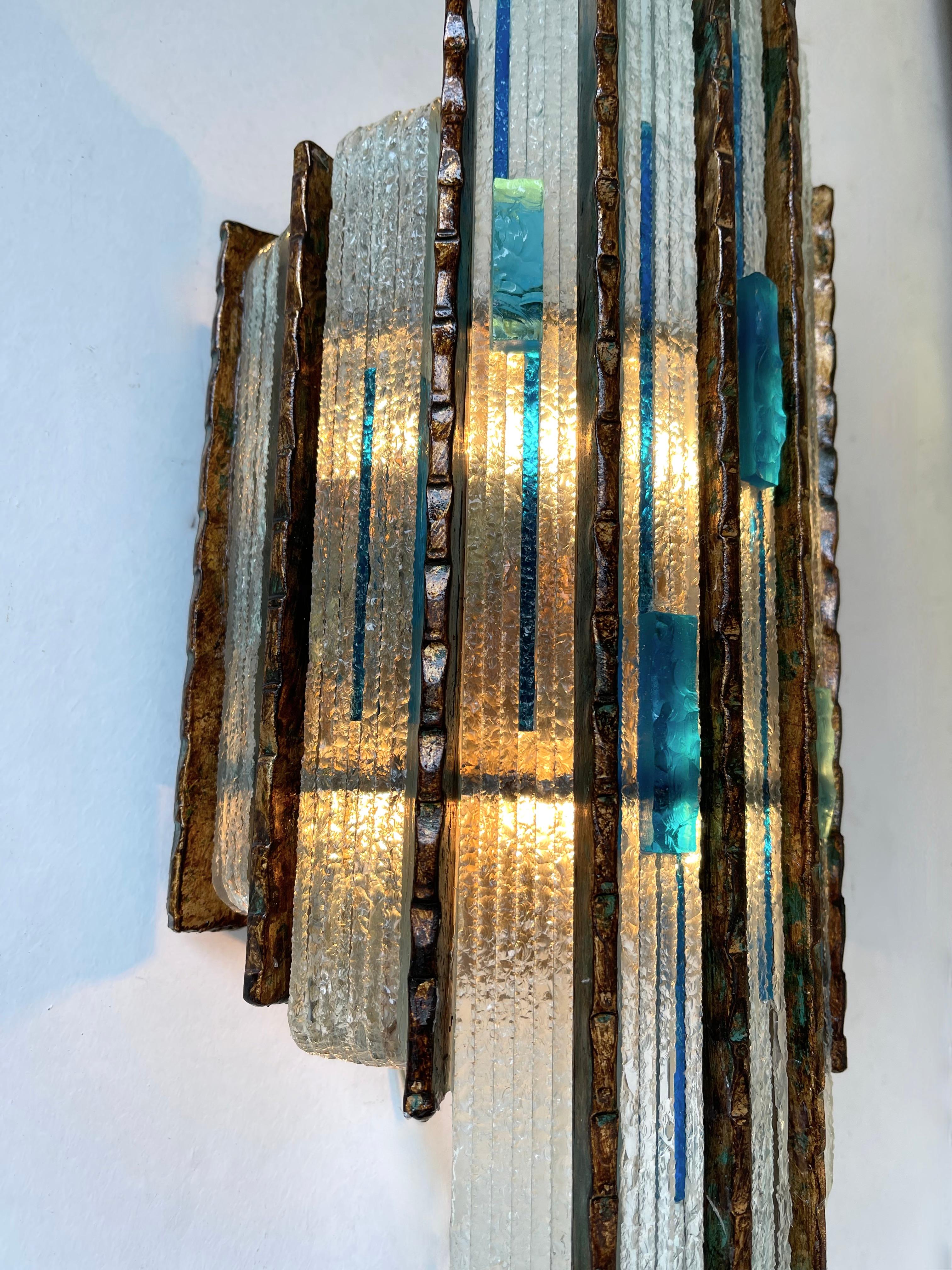 Pair of Hammered Glass Wrought Iron Sconces by Longobard, Italy, 1970s 5