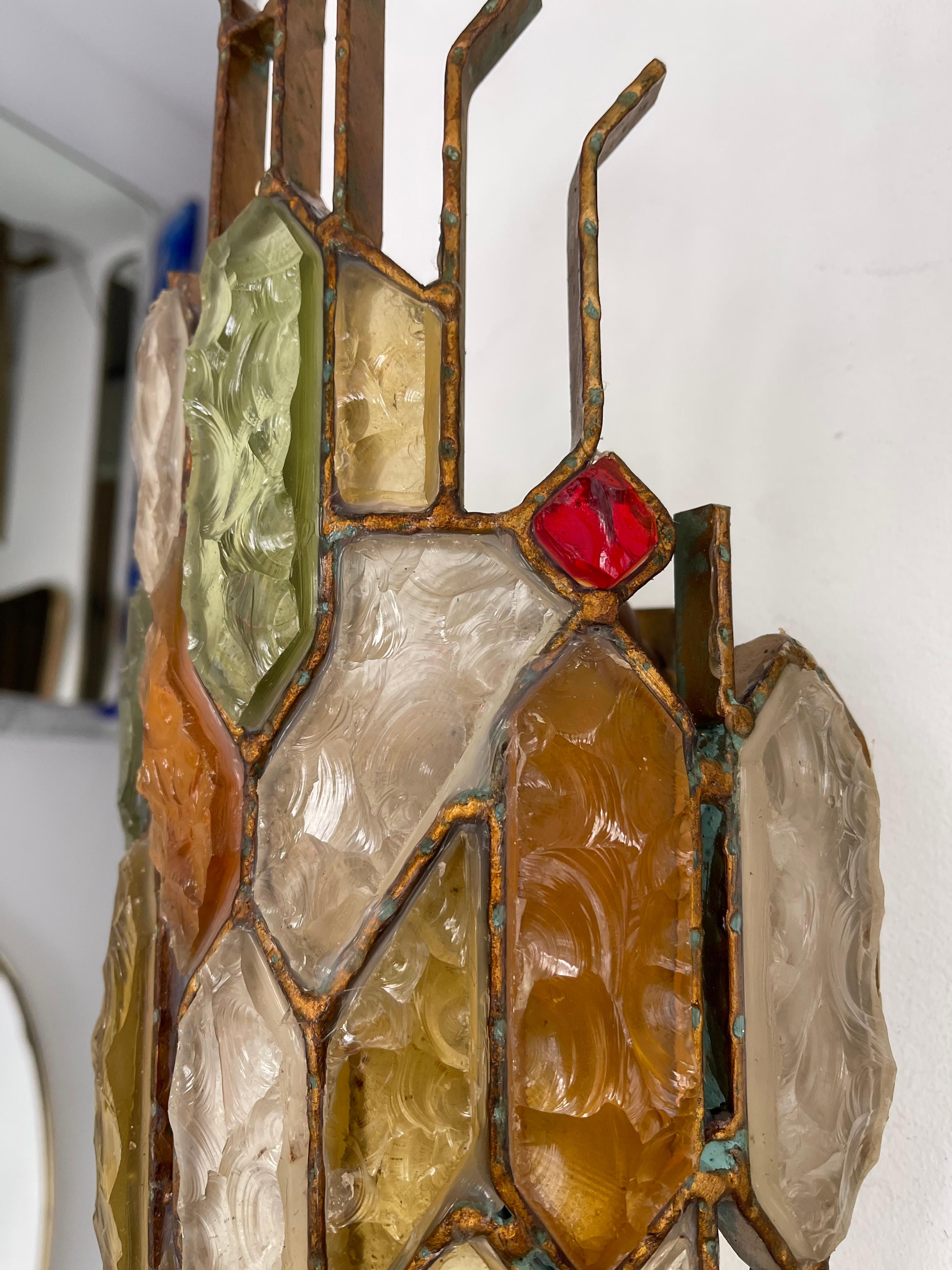 Pair of Hammered Glass Wrought Iron Sconces by Longobard, Italy, 1970s For Sale 5
