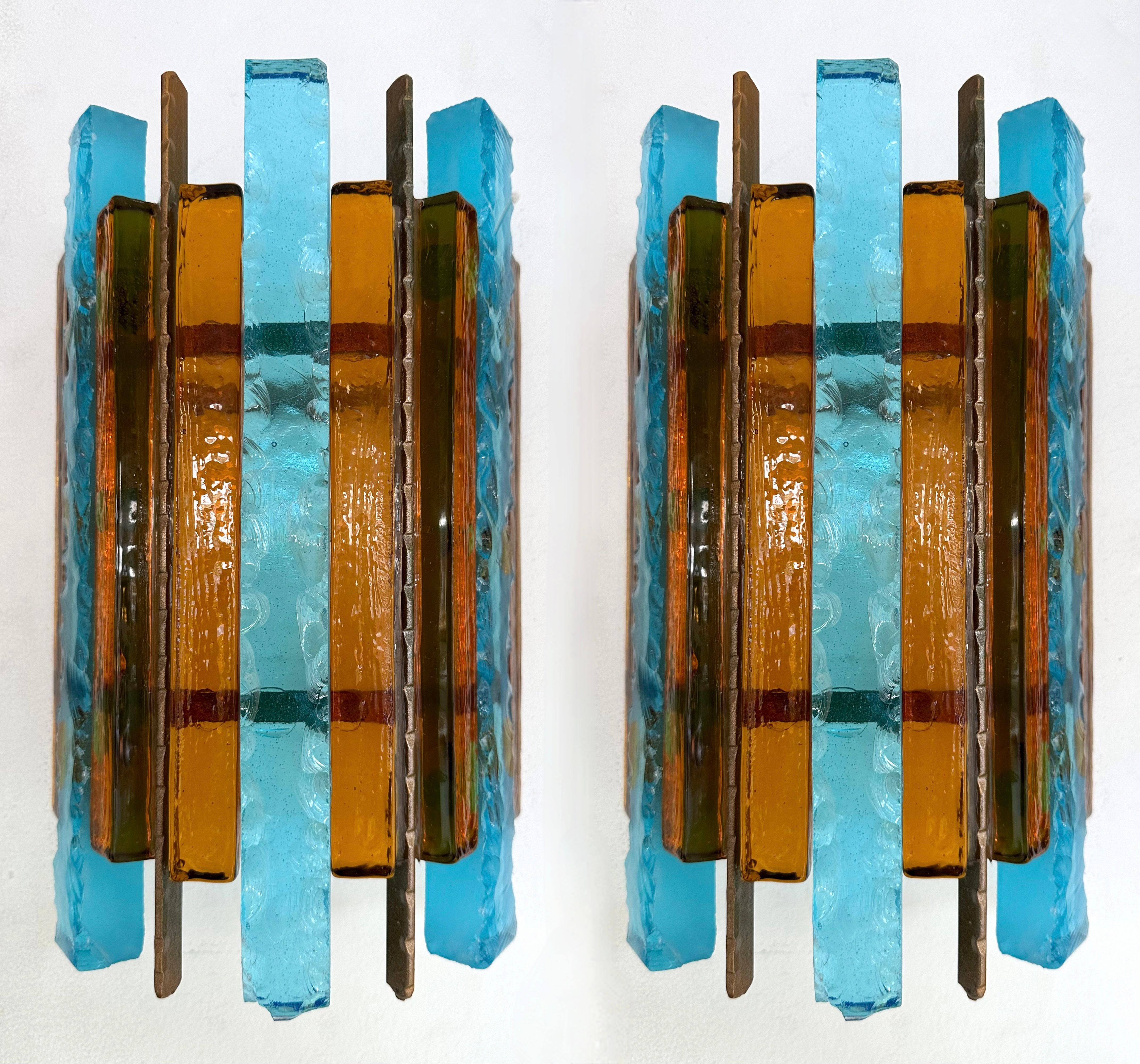 Pair of Hammered Glass Wrought Iron Sconces by Longobard, Italy, 1970s 4