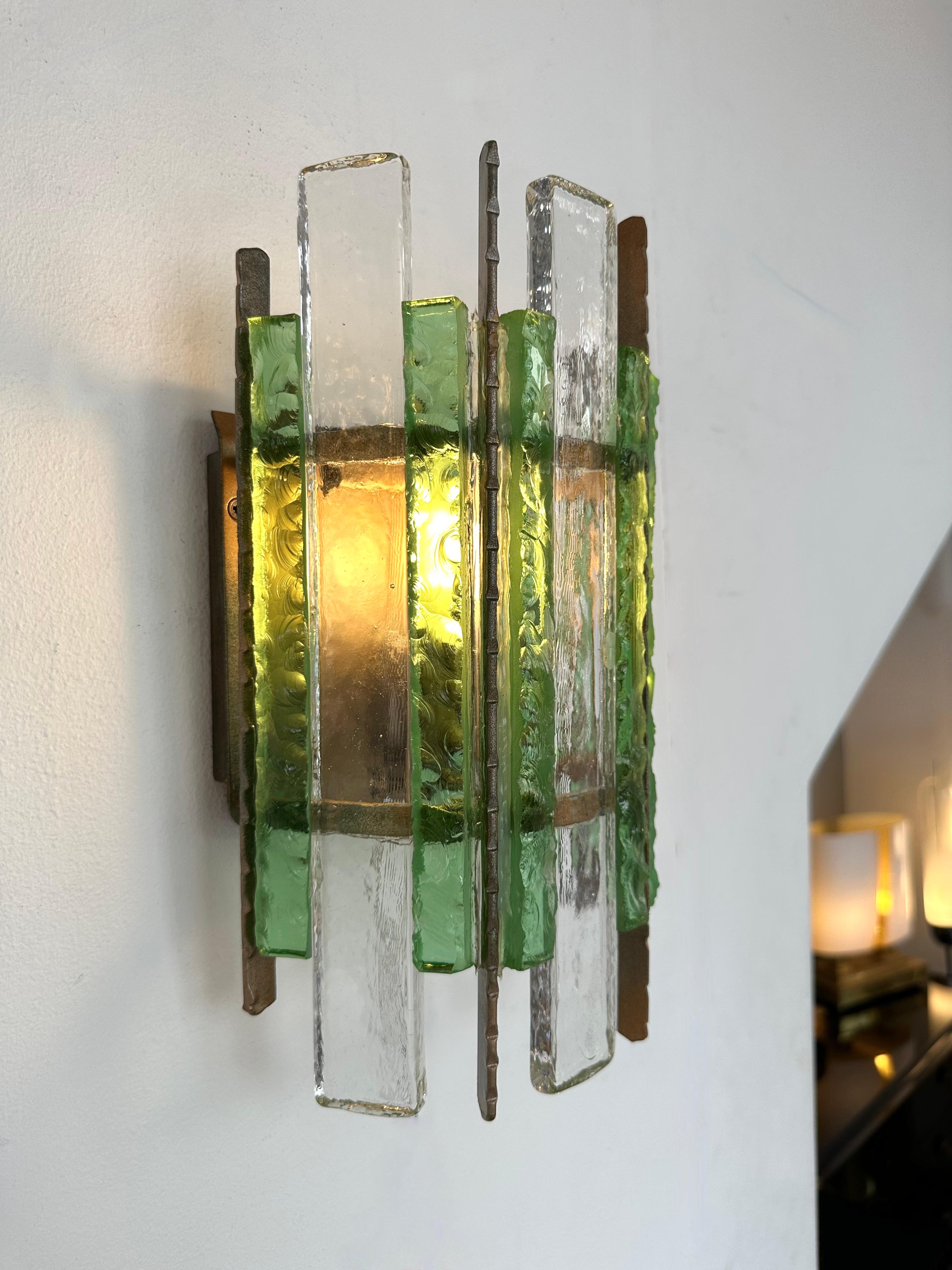 Pair of Hammered Glass Wrought Iron Sconces by Longobard, Italy, 1970s For Sale 5