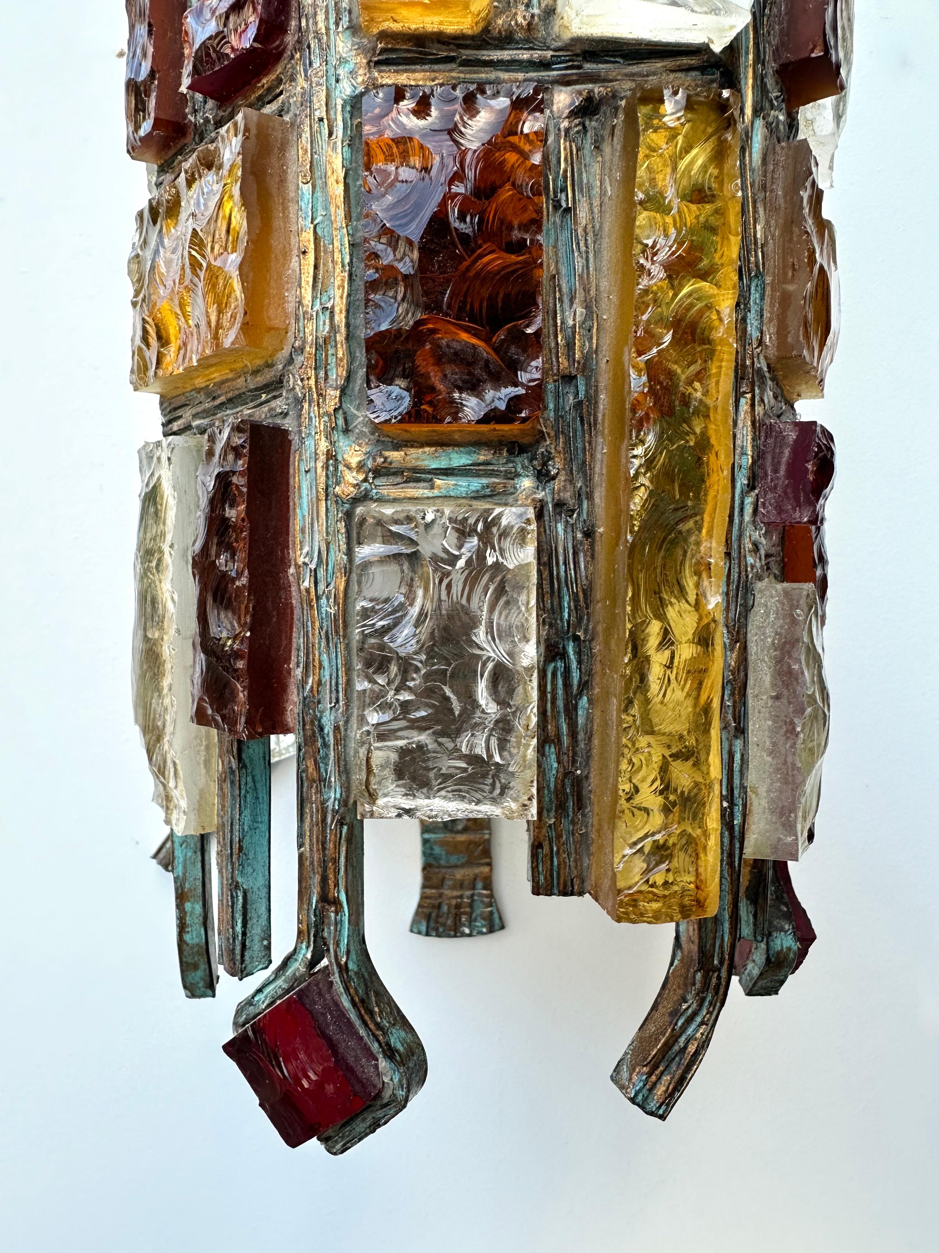 Pair of Hammered Glass Wrought Iron Sconces by Longobard, Italy, 1970s 5