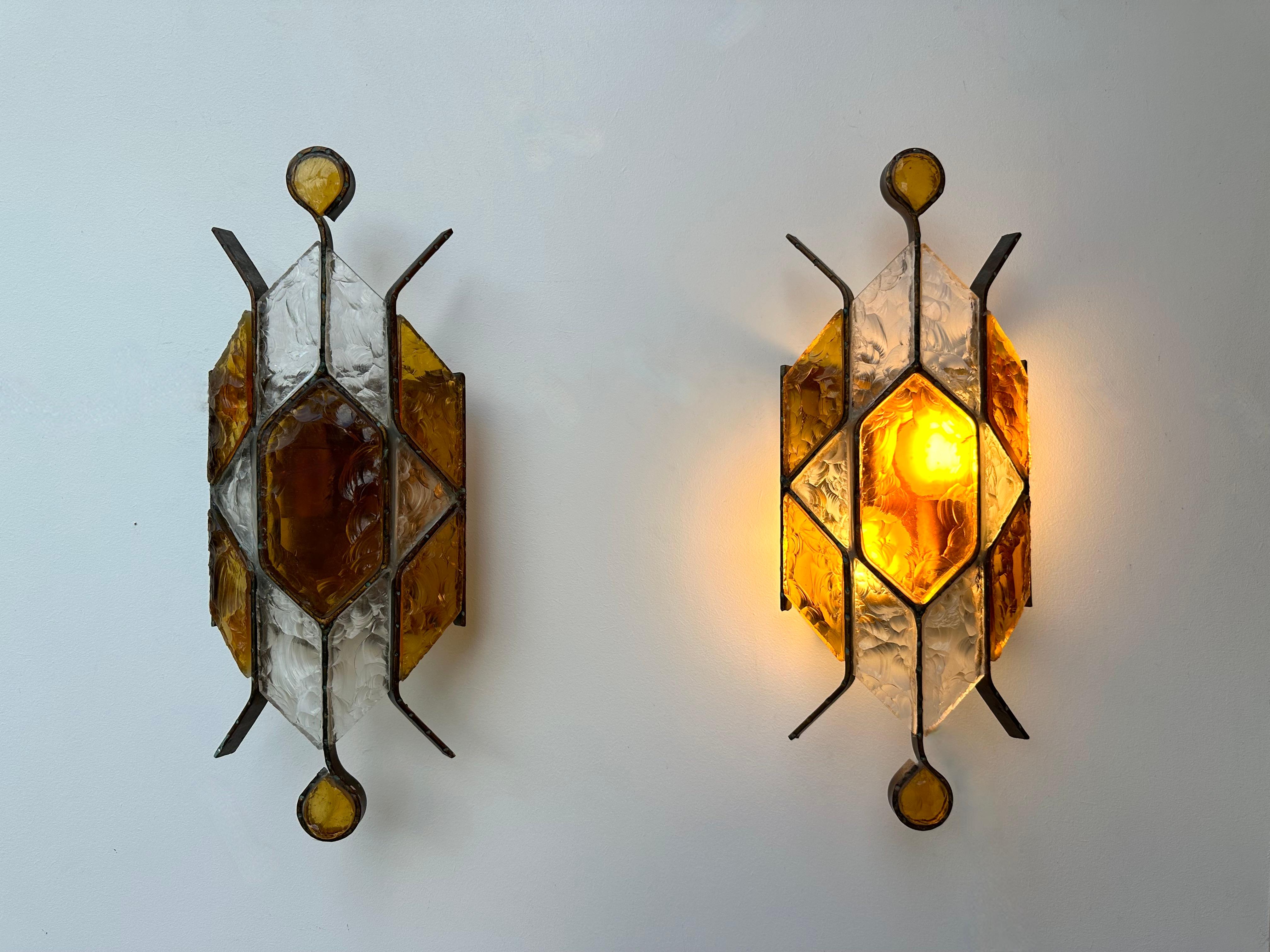 Pair of Hammered Glass Wrought Iron Sconces by Longobard, Italy, 1970s For Sale 5