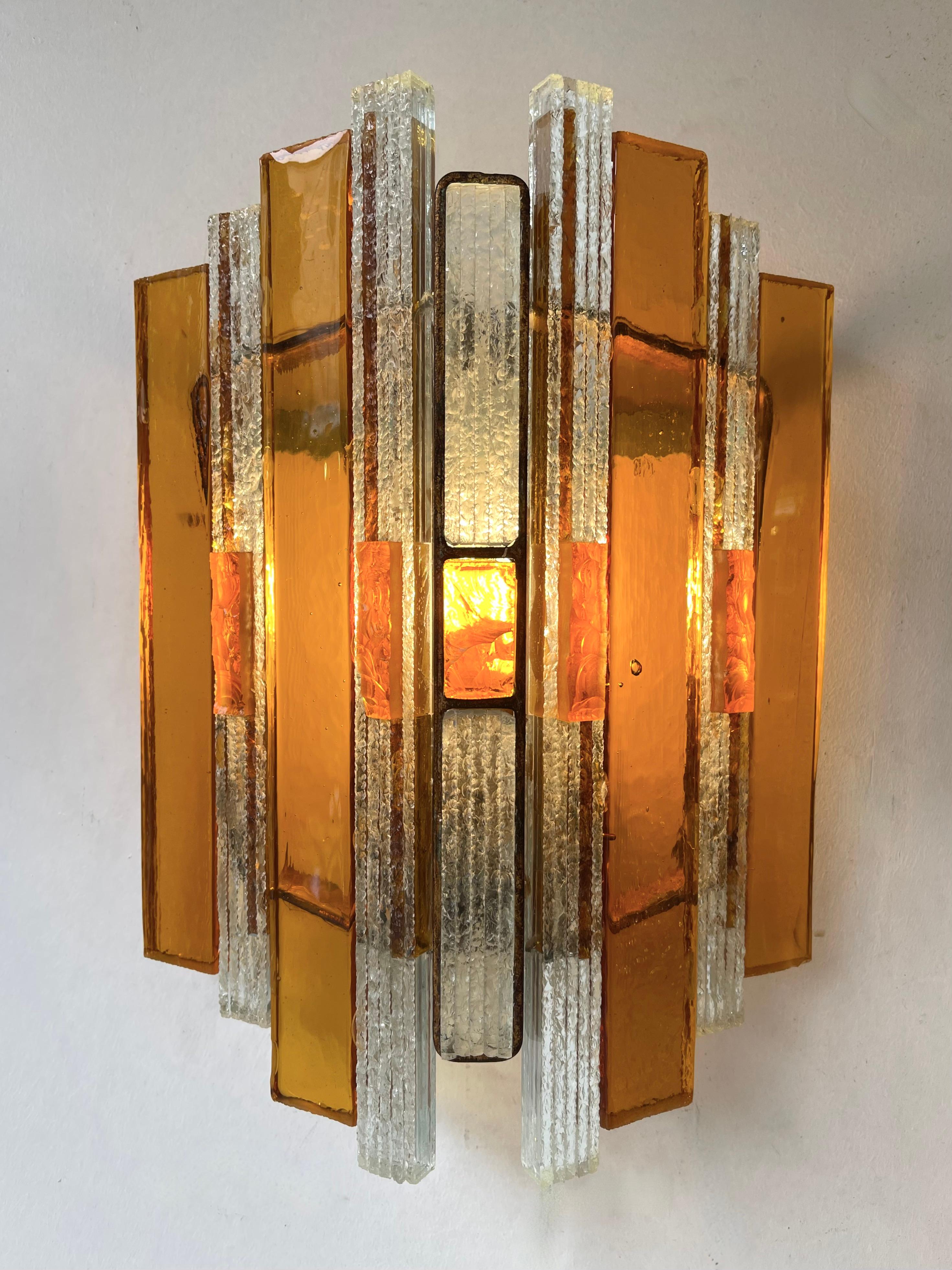 Pair of Hammered Glass Wrought Iron Sconces by Longobard, Italy, 1970s For Sale 6