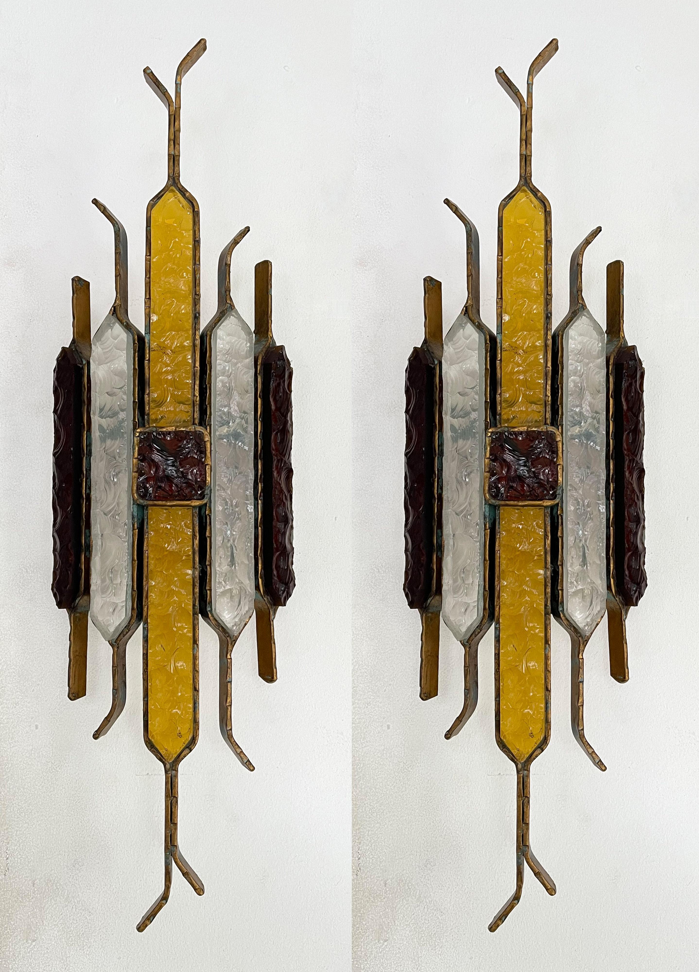 Pair of Hammered Glass Wrought Iron Sconces by Longobard, Italy, 1970s 6