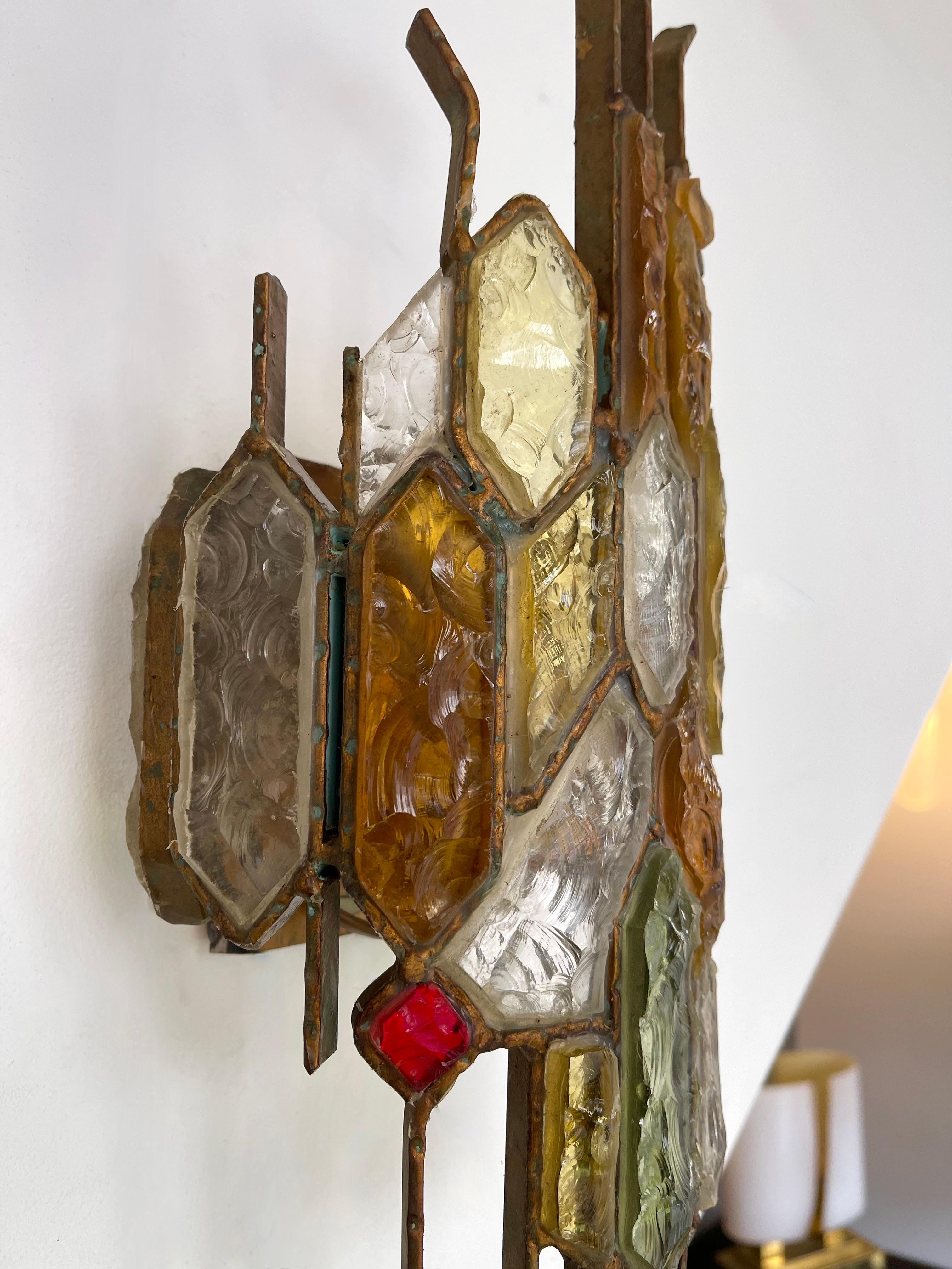Pair of Hammered Glass Wrought Iron Sconces by Longobard, Italy, 1970s For Sale 6