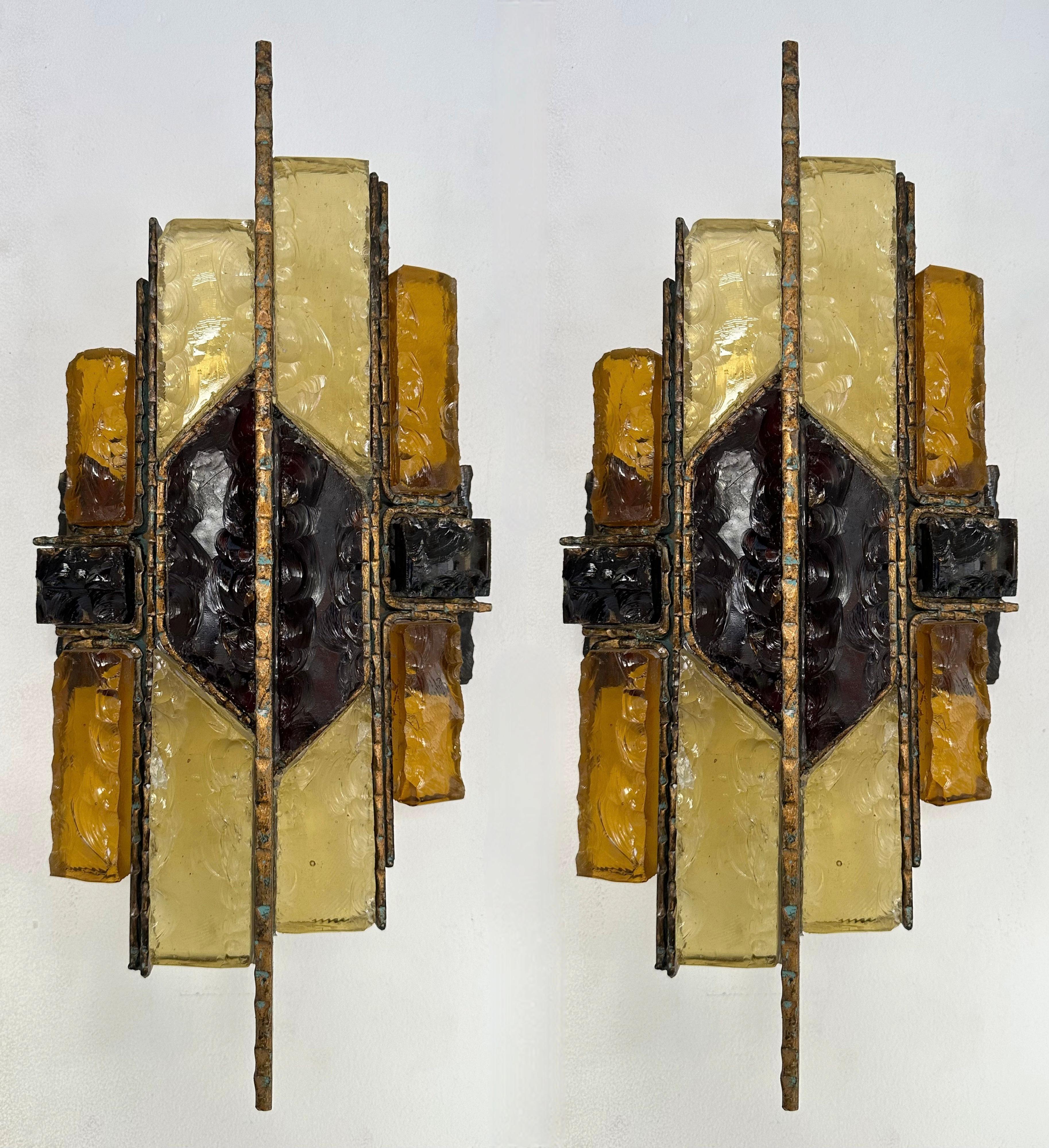 Pair of Hammered Glass Wrought Iron Sconces by Longobard, Italy, 1970s 6
