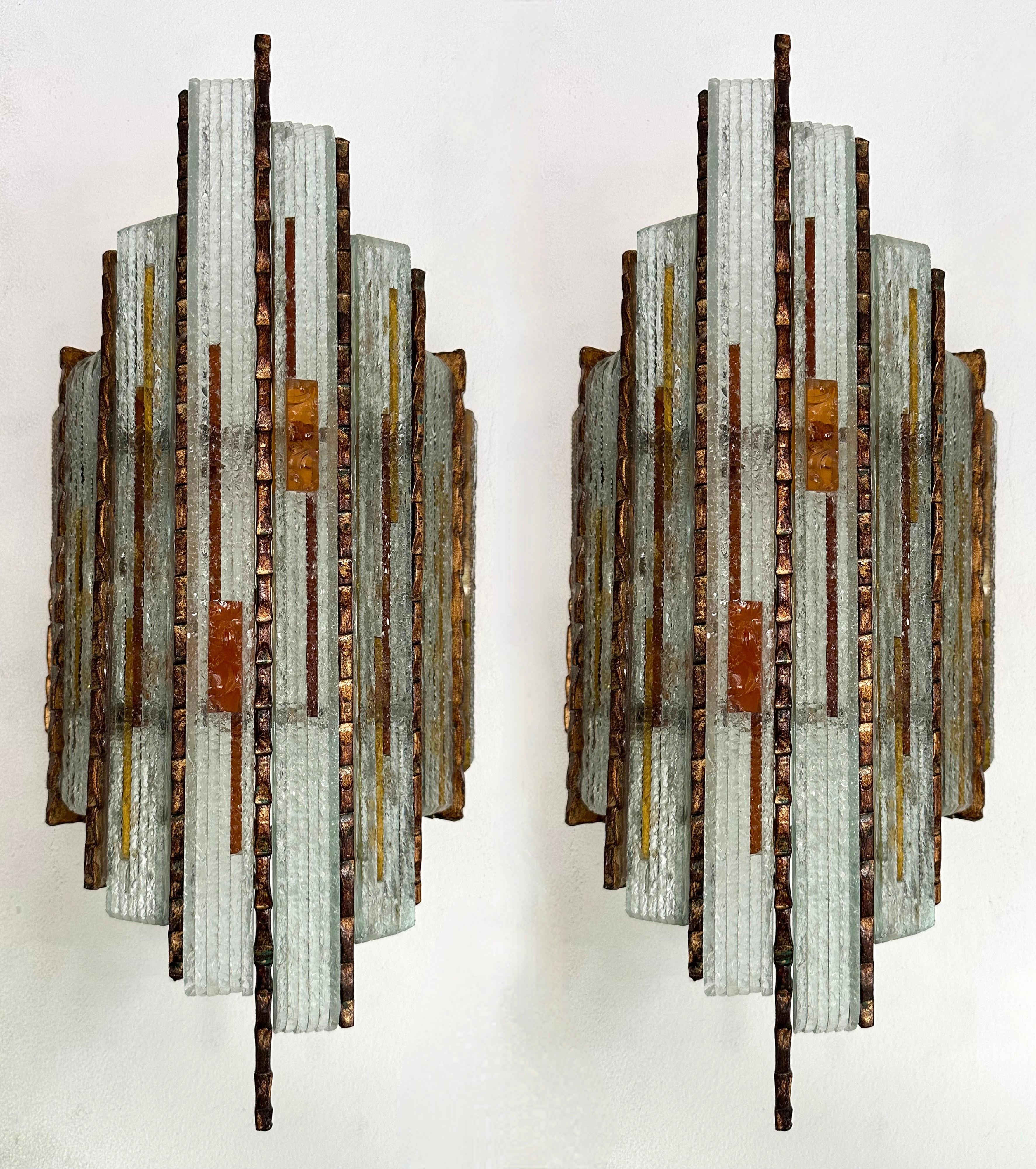 Pair of Hammered Glass Wrought Iron Sconces by Longobard, Italy, 1970s 5