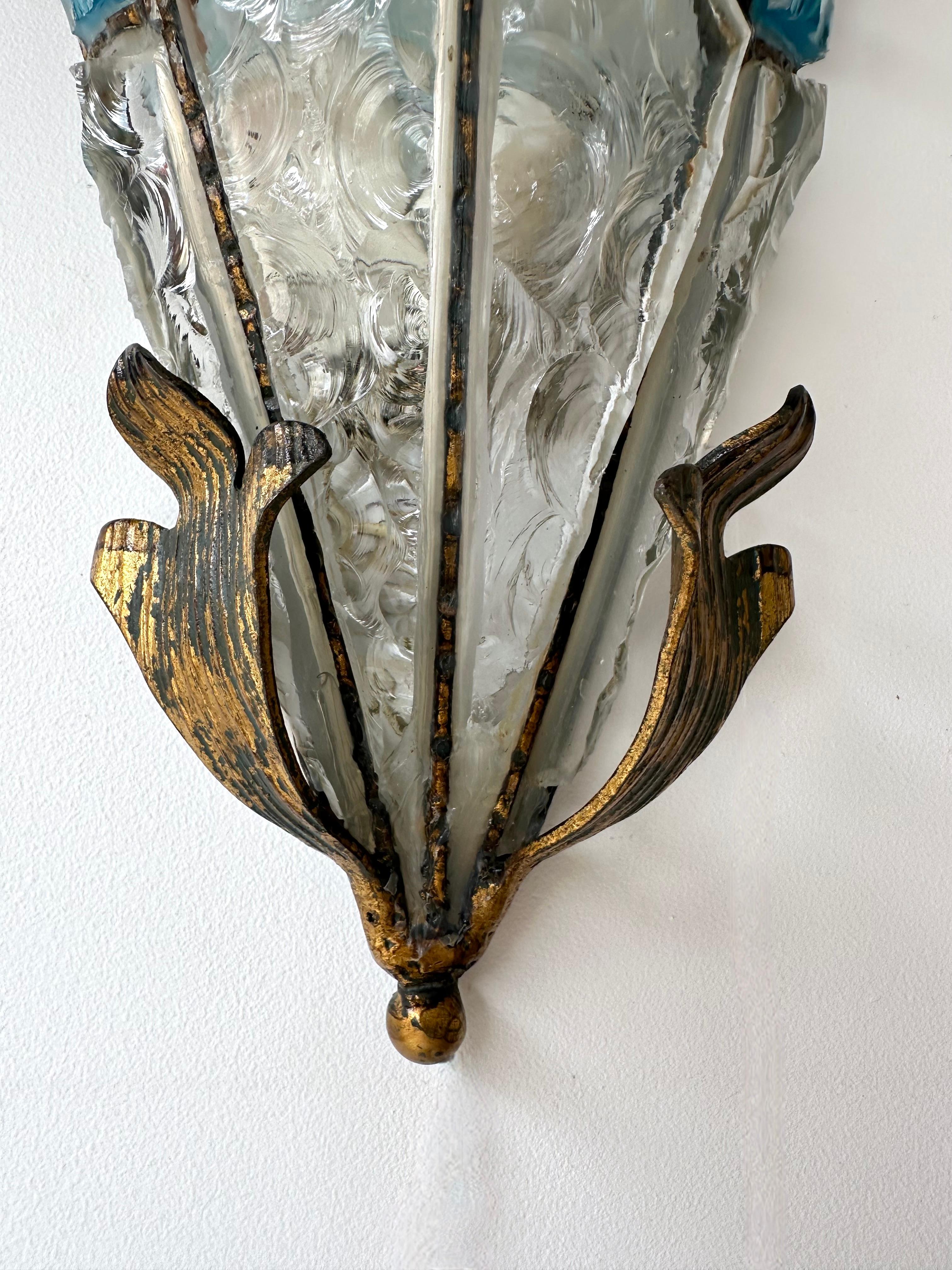 Paar schmiedeeiserne Wandleuchter aus gehämmertem Glas von Longobard, Italien, 1970er Jahre im Angebot 5