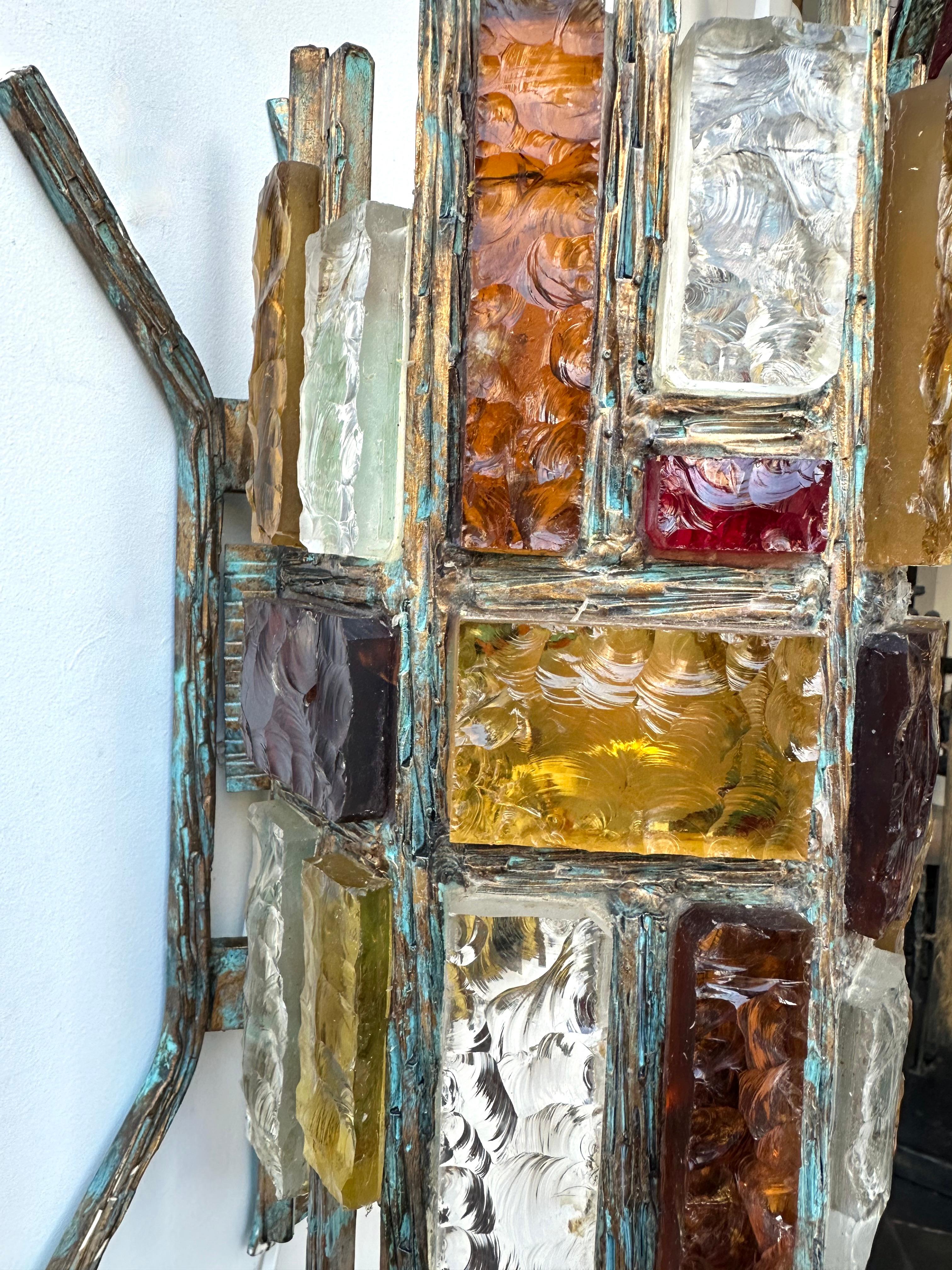 Pair of Hammered Glass Wrought Iron Sconces by Longobard, Italy, 1970s 6