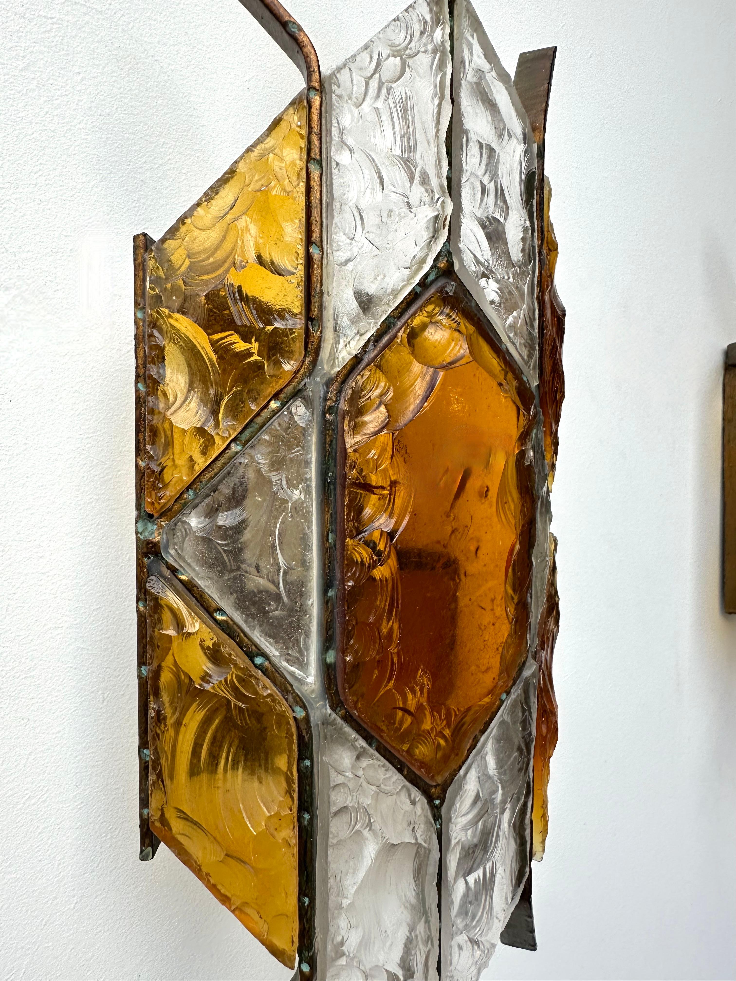 Pair of Hammered Glass Wrought Iron Sconces by Longobard, Italy, 1970s For Sale 6