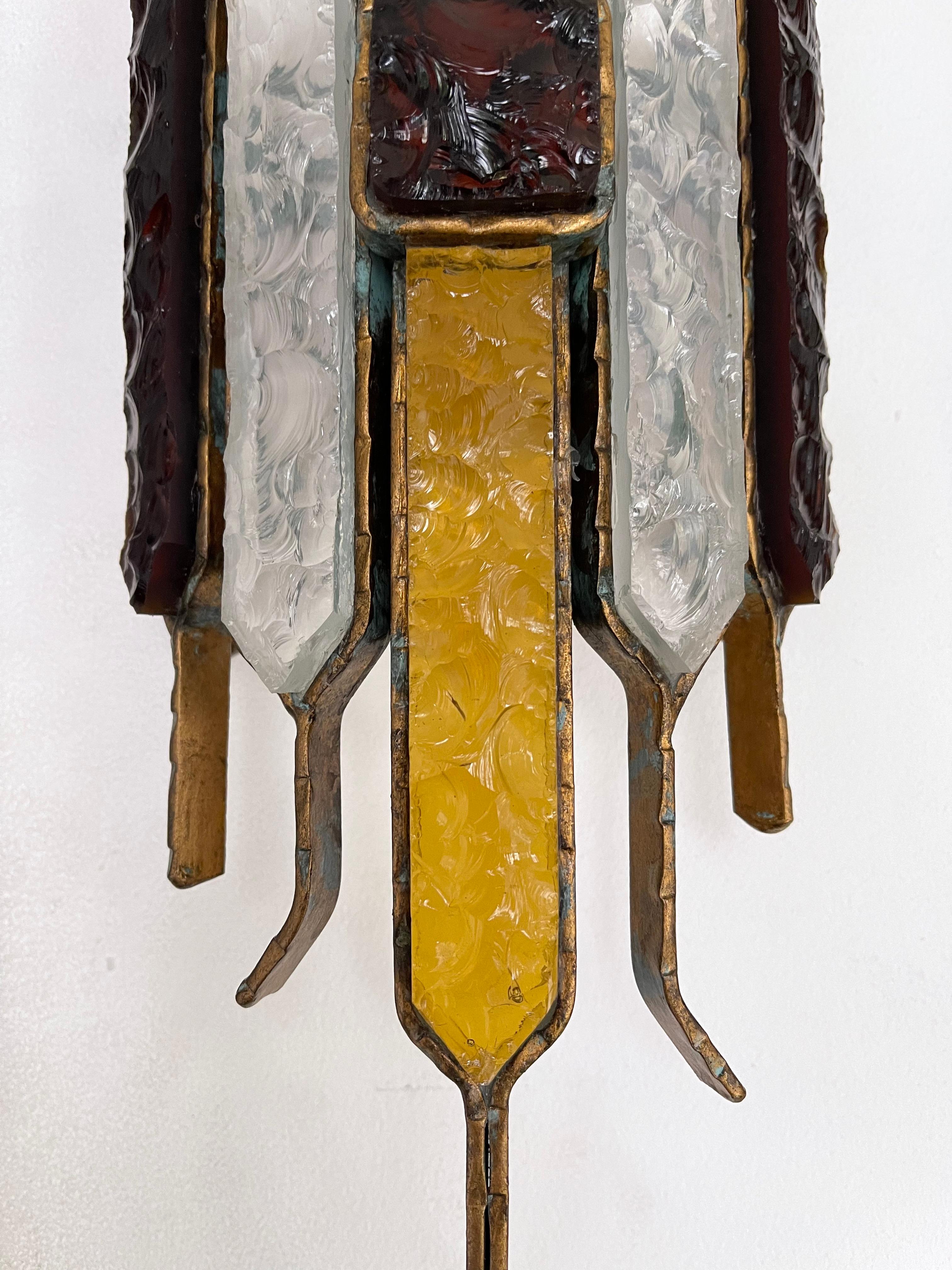 Pair of Hammered Glass Wrought Iron Sconces by Longobard, Italy, 1970s 7