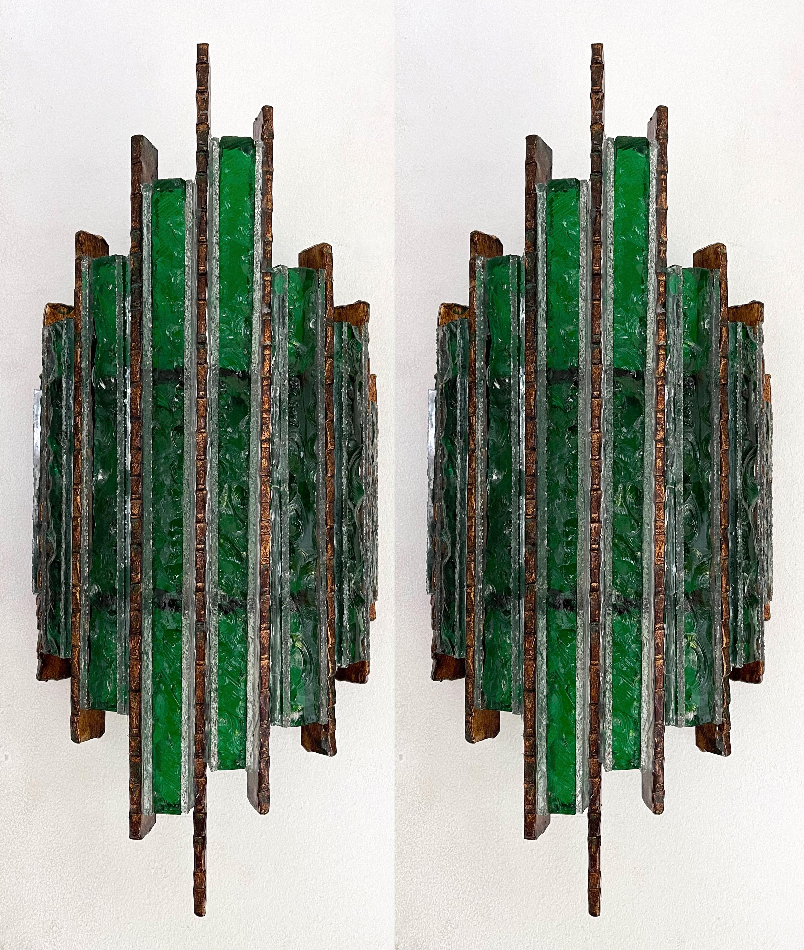 Pair of Hammered Glass Wrought Iron Sconces by Longobard, Italy, 1970s 7