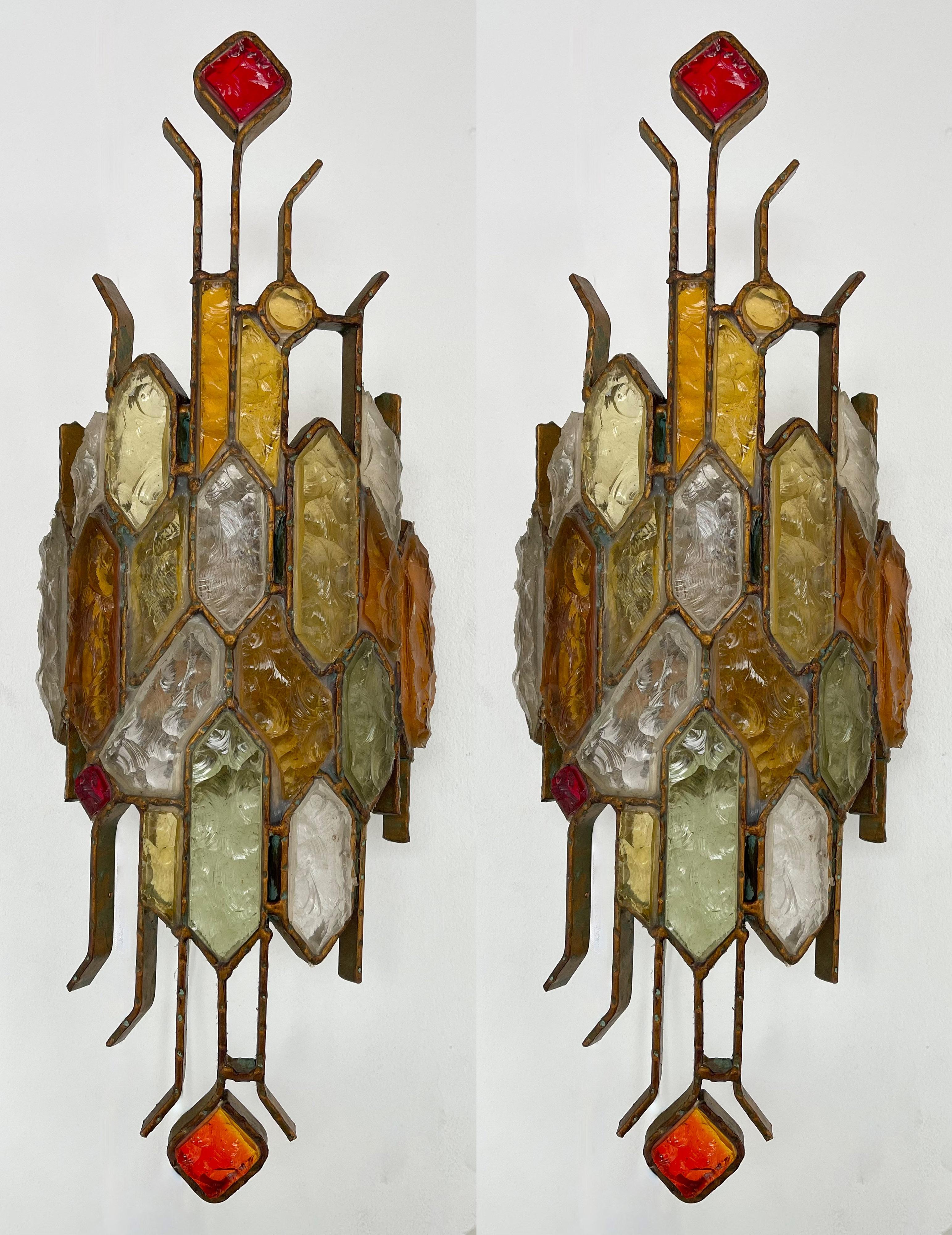 Pair of Hammered Glass Wrought Iron Sconces by Longobard, Italy, 1970s For Sale 7