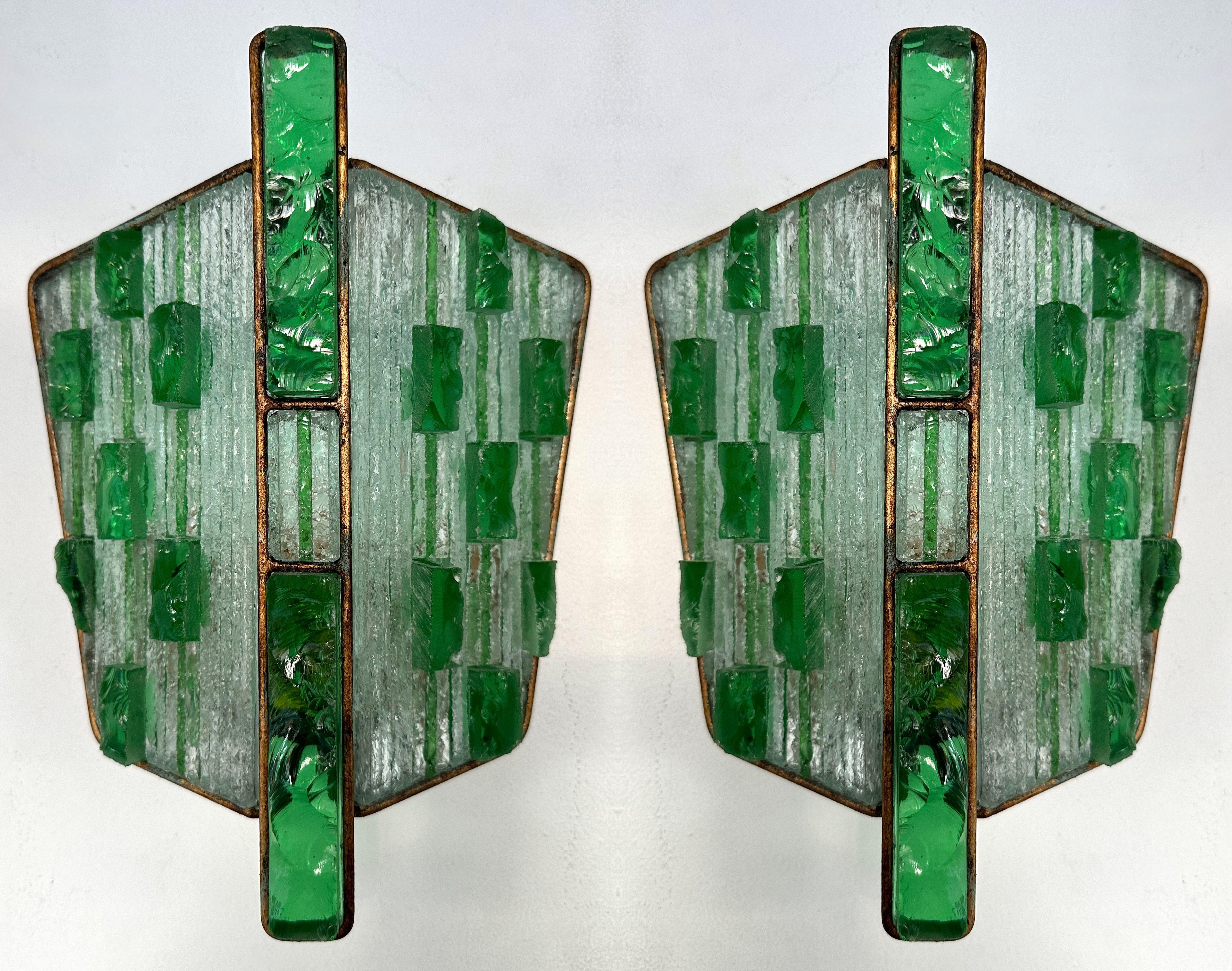 Pair of Hammered Glass Wrought Iron Sconces by Longobard, Italy, 1970s 7