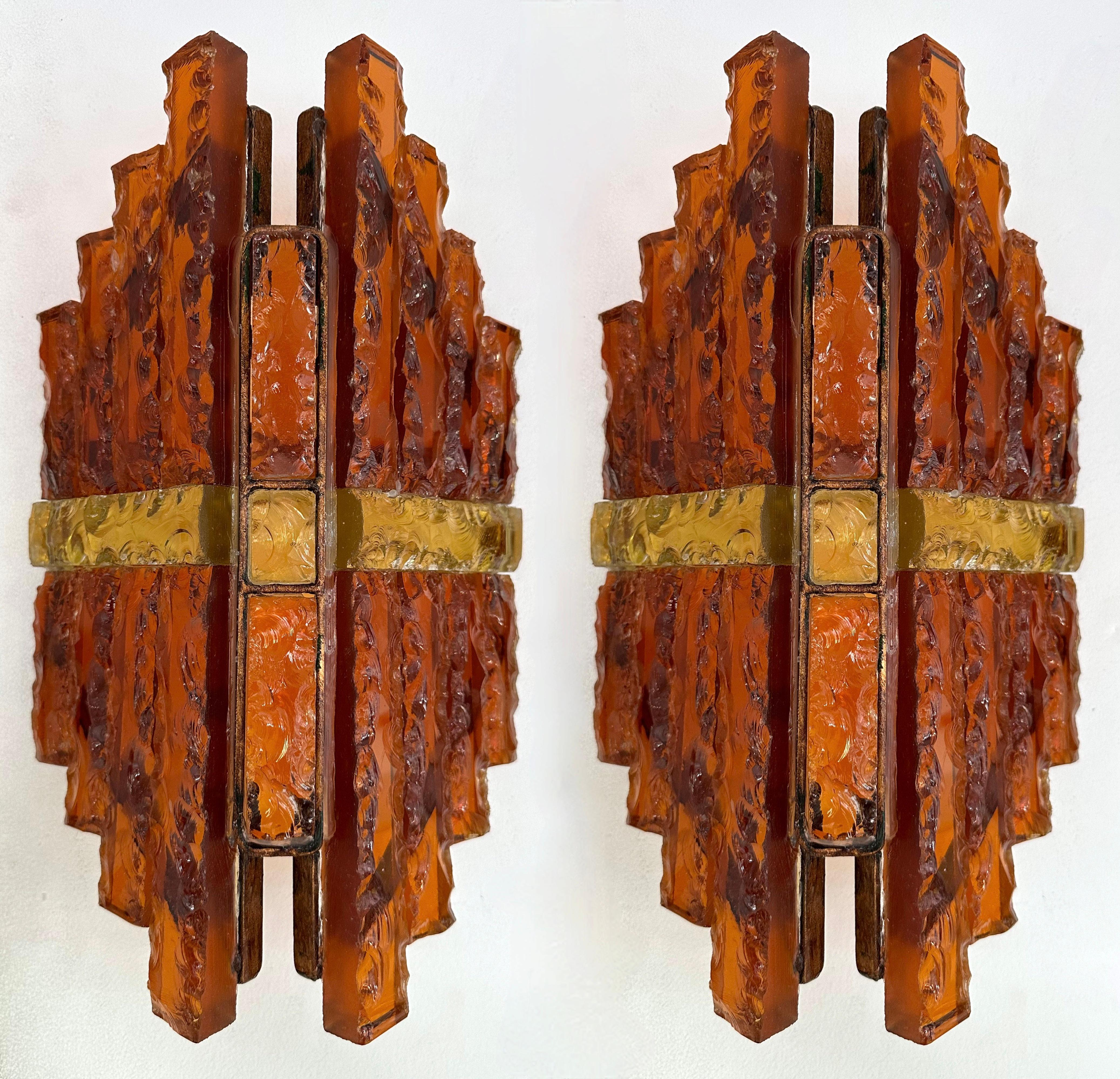 Pair of Hammered Glass Wrought Iron Sconces by Longobard, Italy, 1970s 6