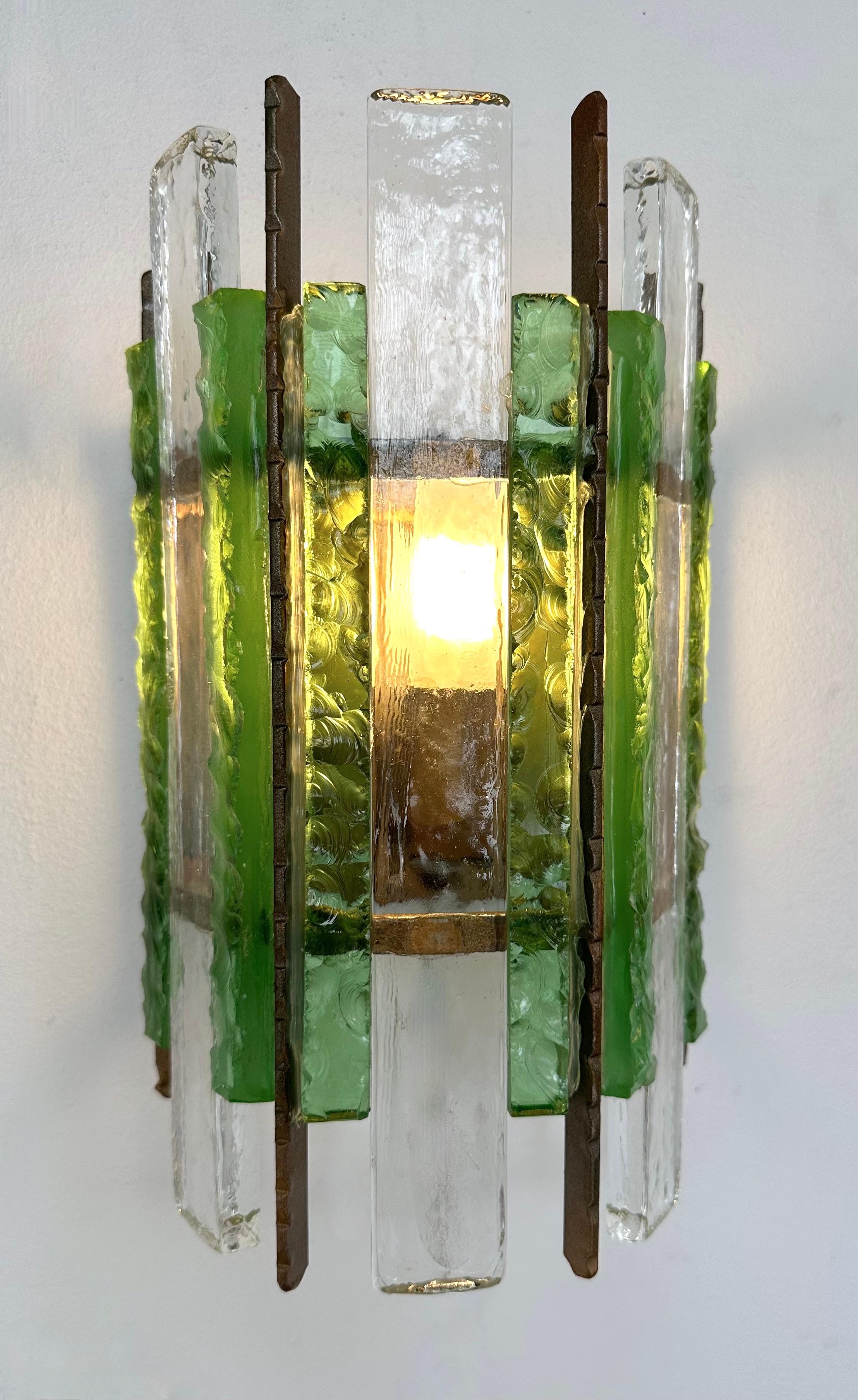 Pair of Hammered Glass Wrought Iron Sconces by Longobard, Italy, 1970s For Sale 7
