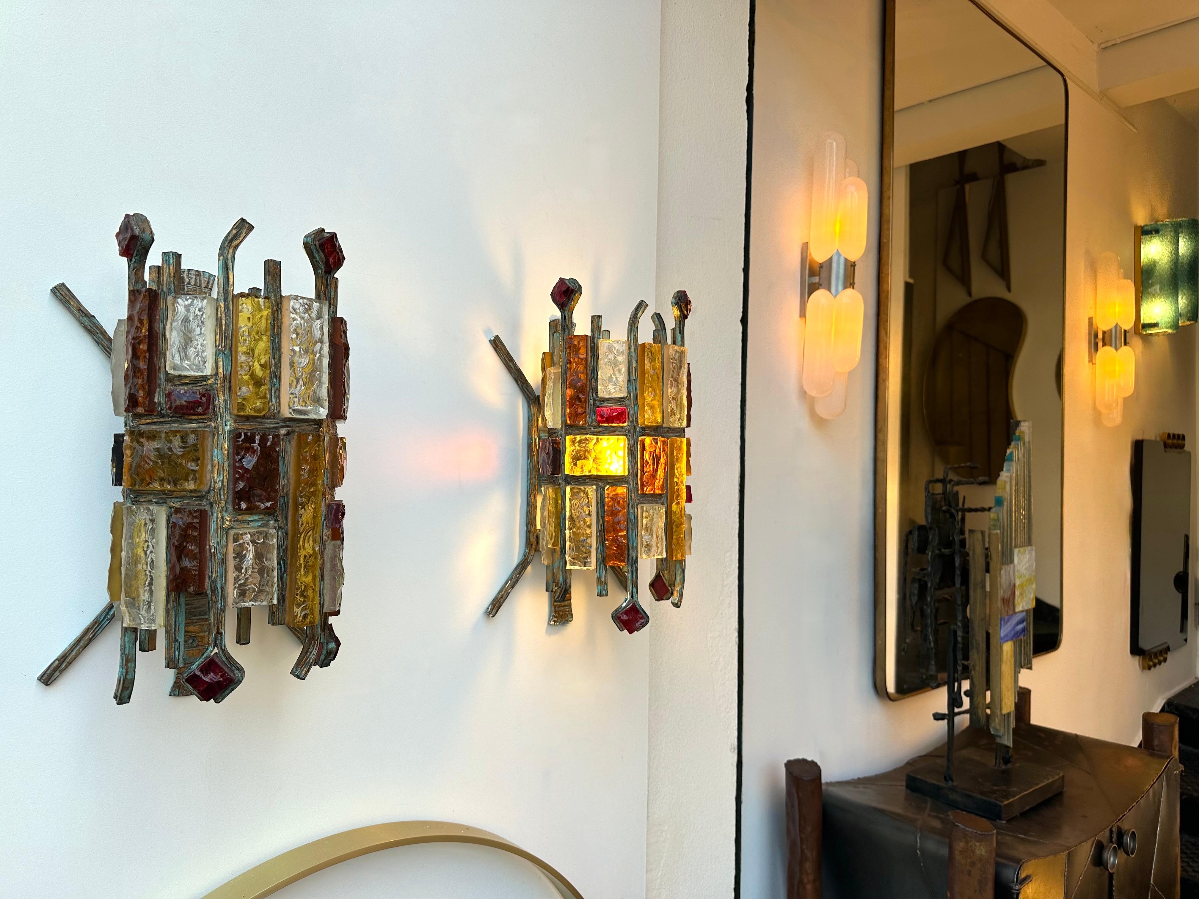 Pair of Hammered Glass Wrought Iron Sconces by Longobard, Italy, 1970s 7