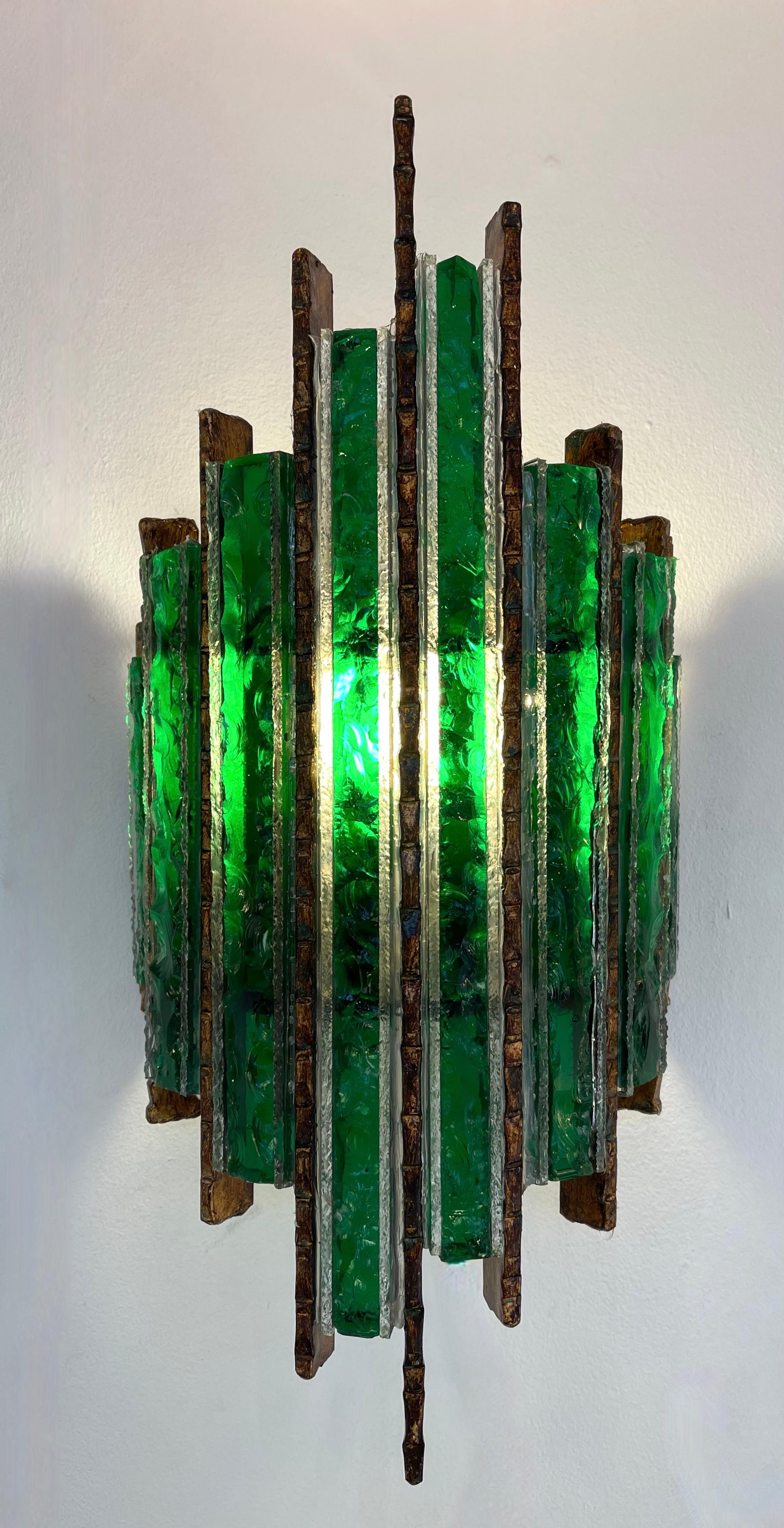 Pair of Hammered Glass Wrought Iron Sconces by Longobard, Italy, 1970s 8