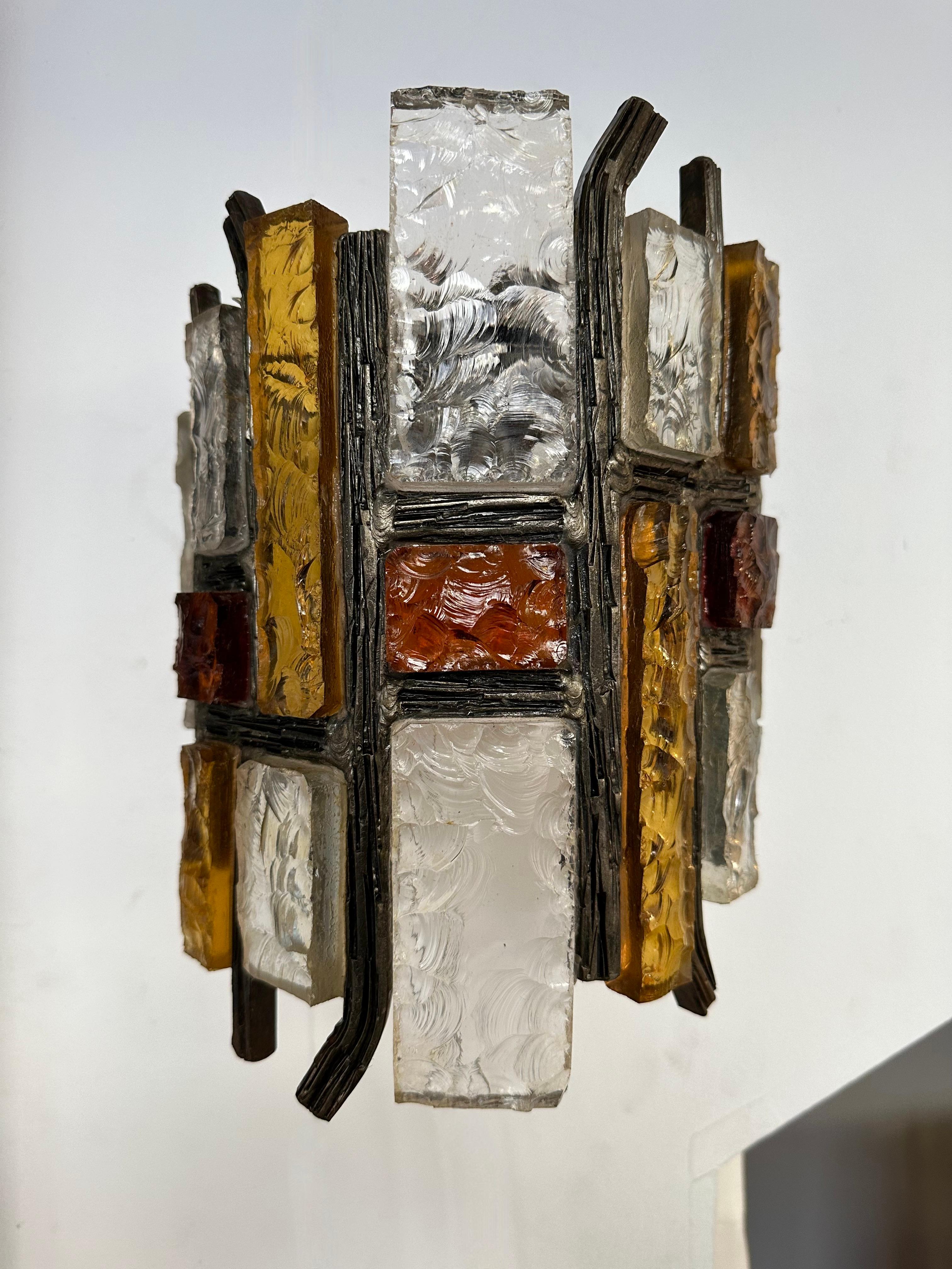 Pair of Hammered Glass Wrought Iron Sconces by Longobard, Italy, 1970s For Sale 8
