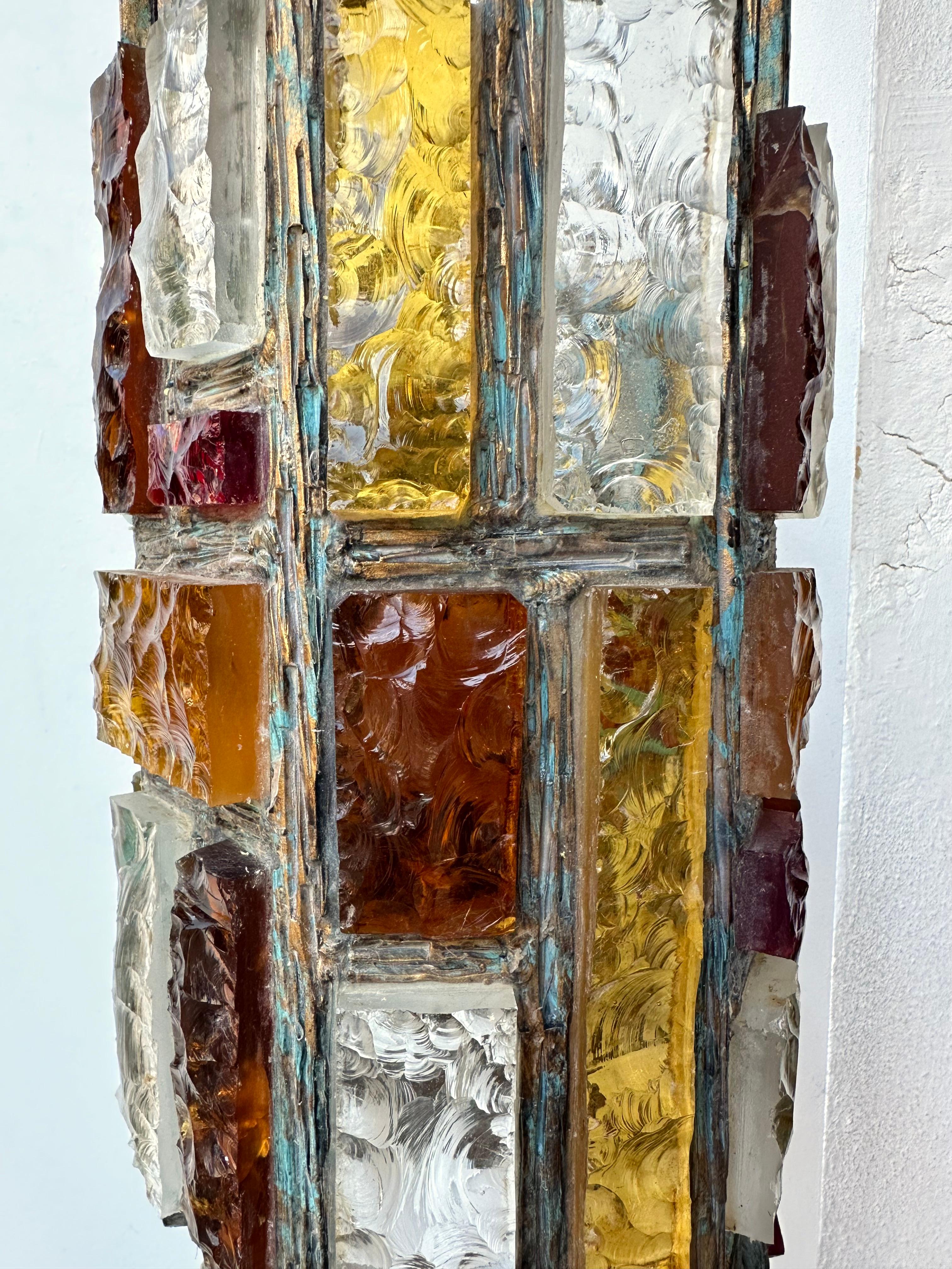 Pair of Hammered Glass Wrought Iron Sconces by Longobard, Italy, 1970s 8