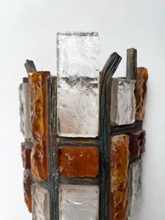 Pair of Hammered Glass Wrought Iron Sconces by Longobard, Italy, 1970s