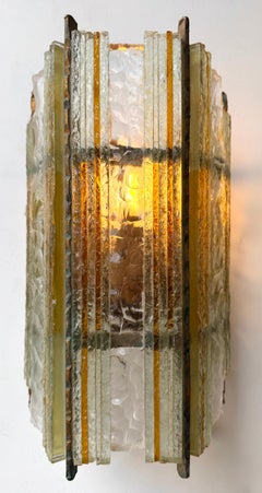 Pair of Hammered Glass Wrought Iron Sconces by Longobard, Italy, 1970s