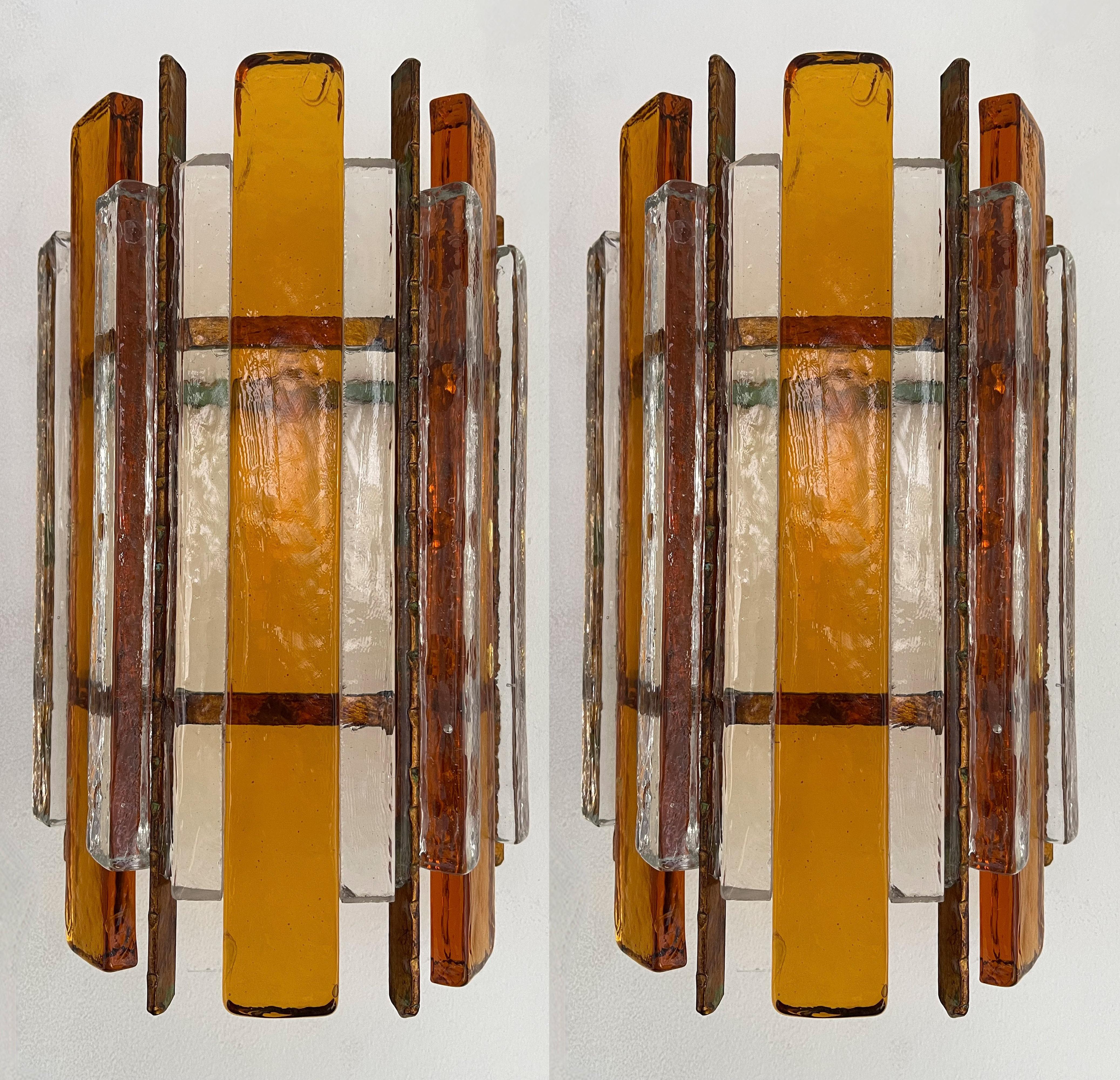 Brutalist Pair of Hammered Glass Wrought Iron Sconces by Longobard, Italy, 1970s For Sale