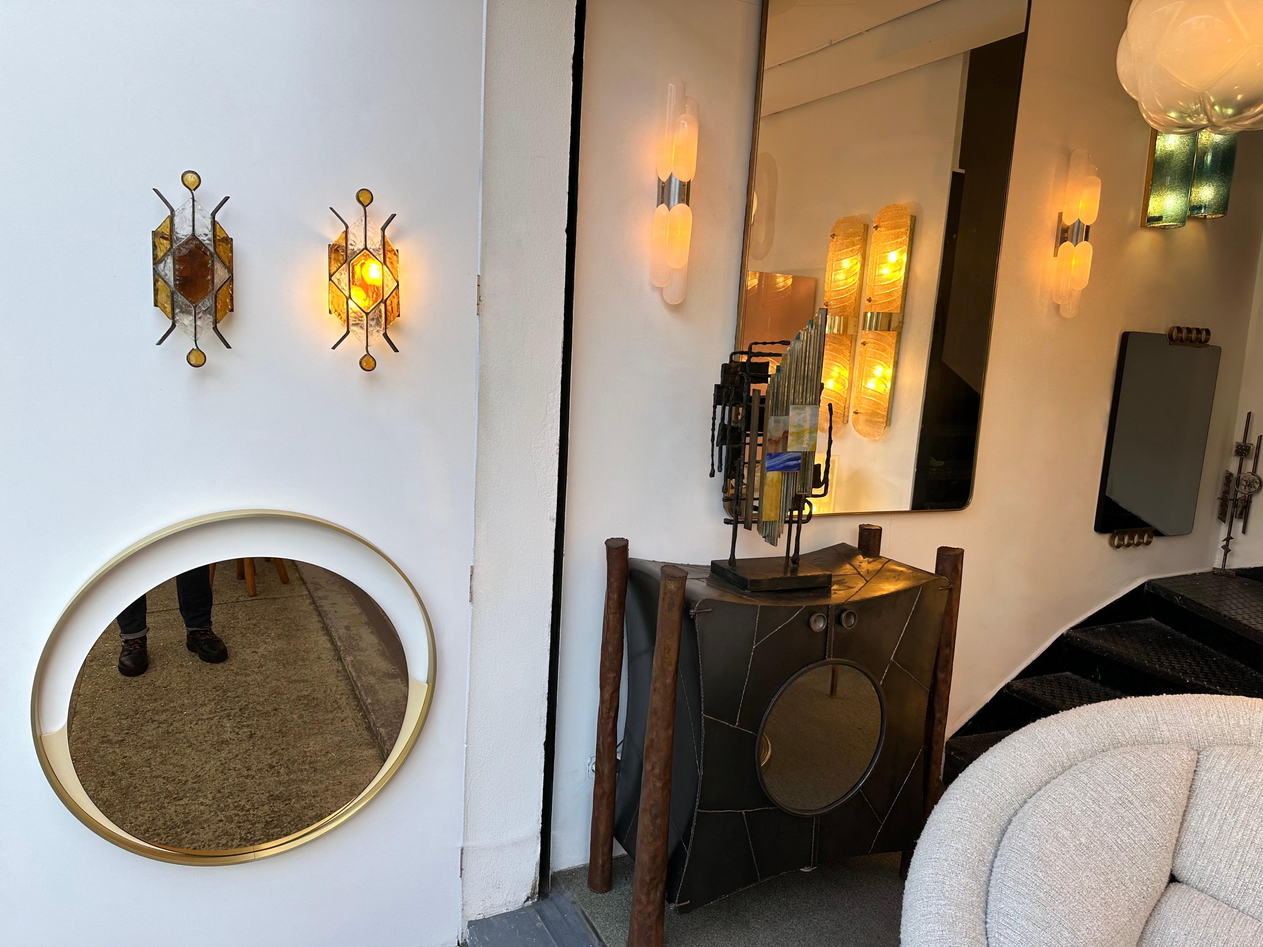Brutalist Pair of Hammered Glass Wrought Iron Sconces by Longobard, Italy, 1970s For Sale