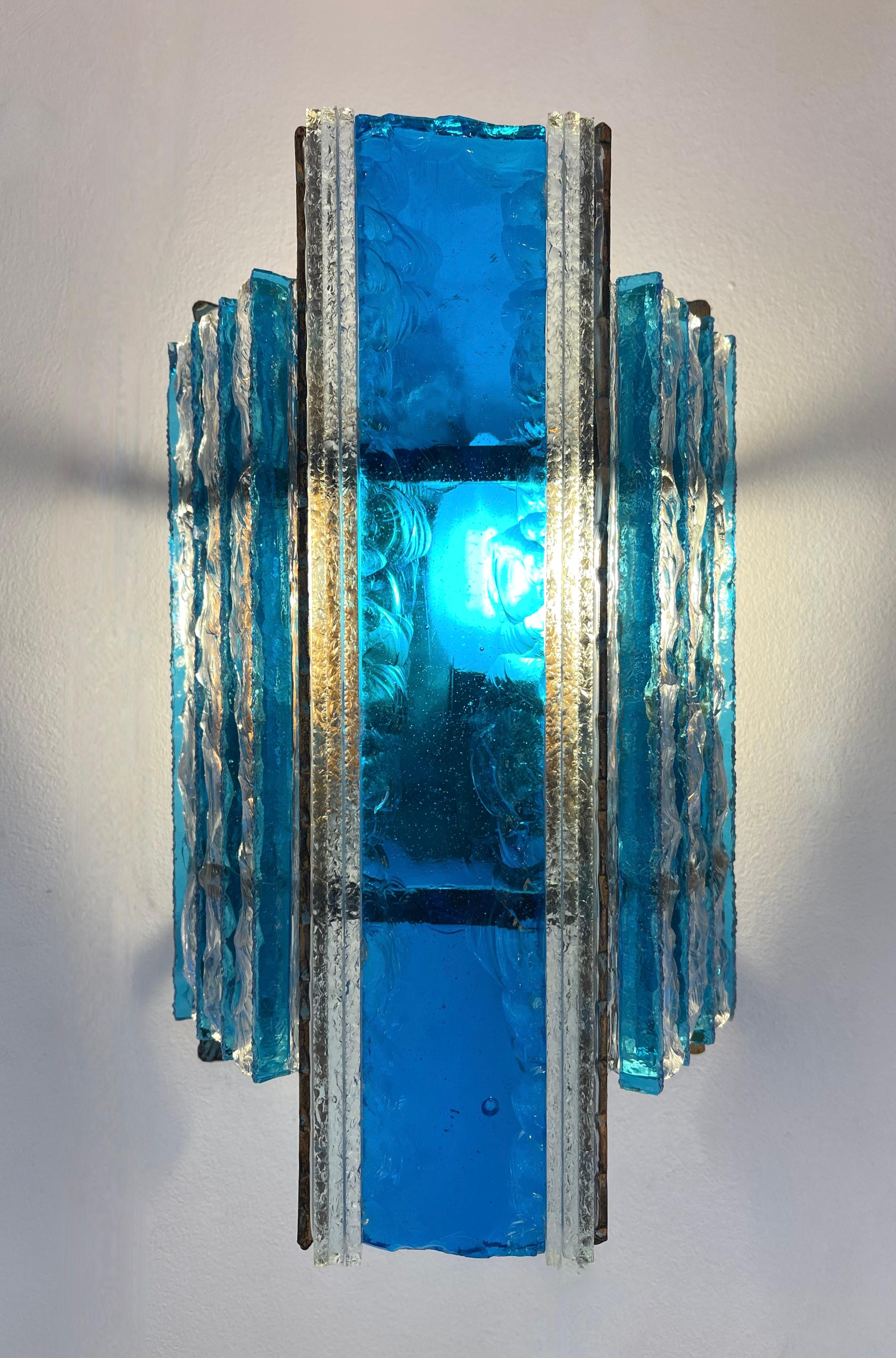 Italian Pair of Hammered Glass Wrought Iron Sconces by Longobard, Italy, 1970s