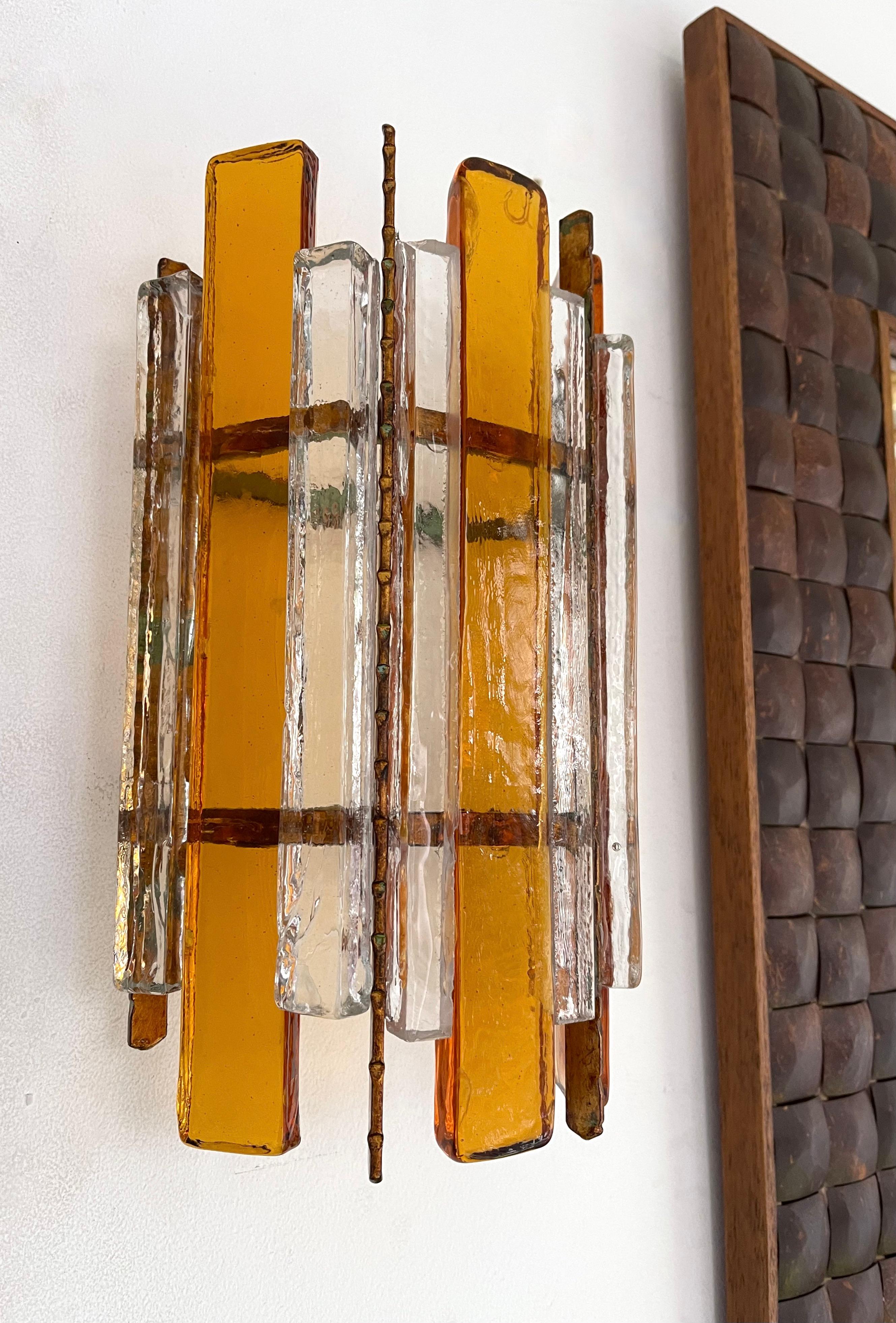 Italian Pair of Hammered Glass Wrought Iron Sconces by Longobard, Italy, 1970s For Sale