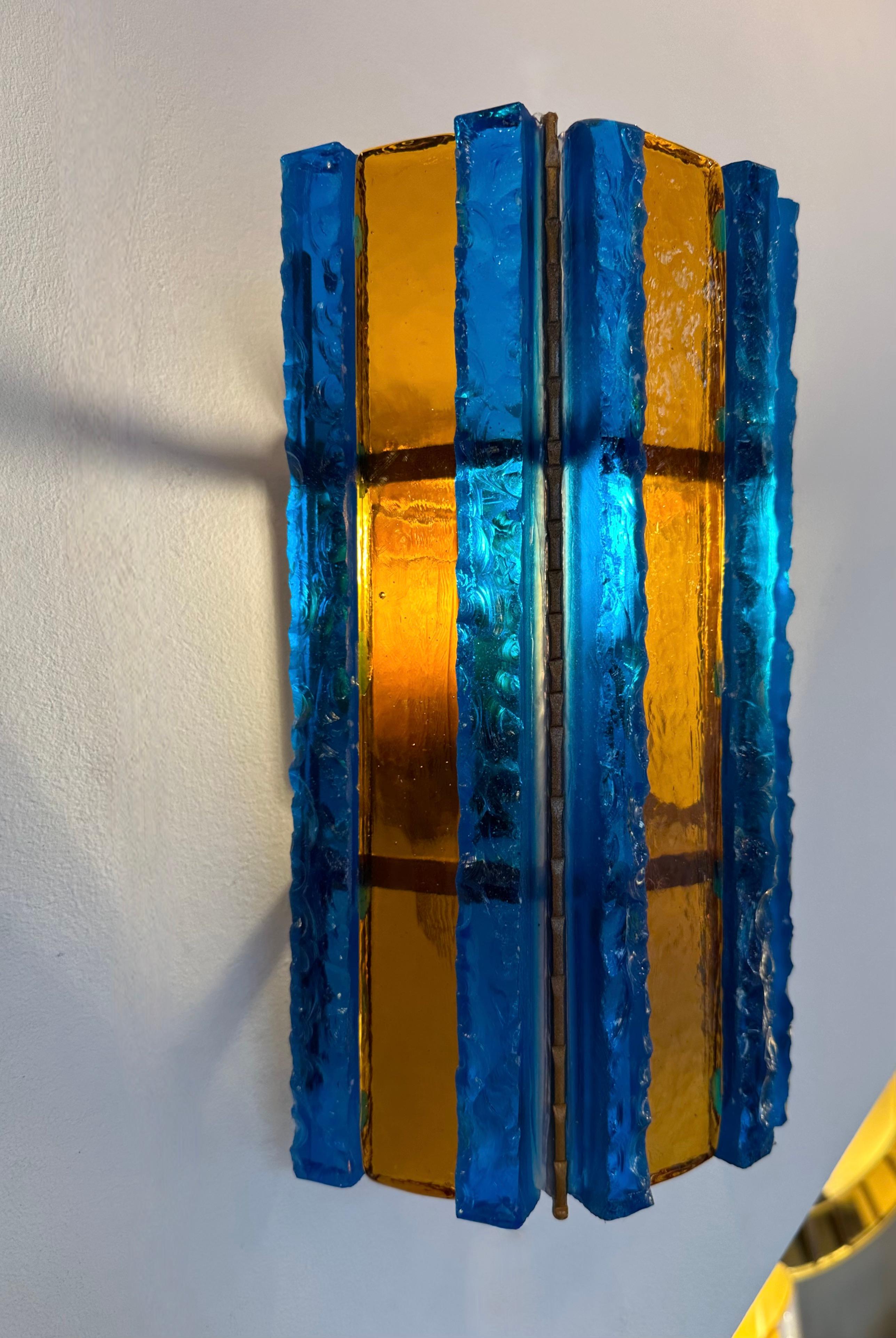 Italian Pair of Hammered Glass Wrought Iron Sconces by Longobard, Italy, 1970s For Sale