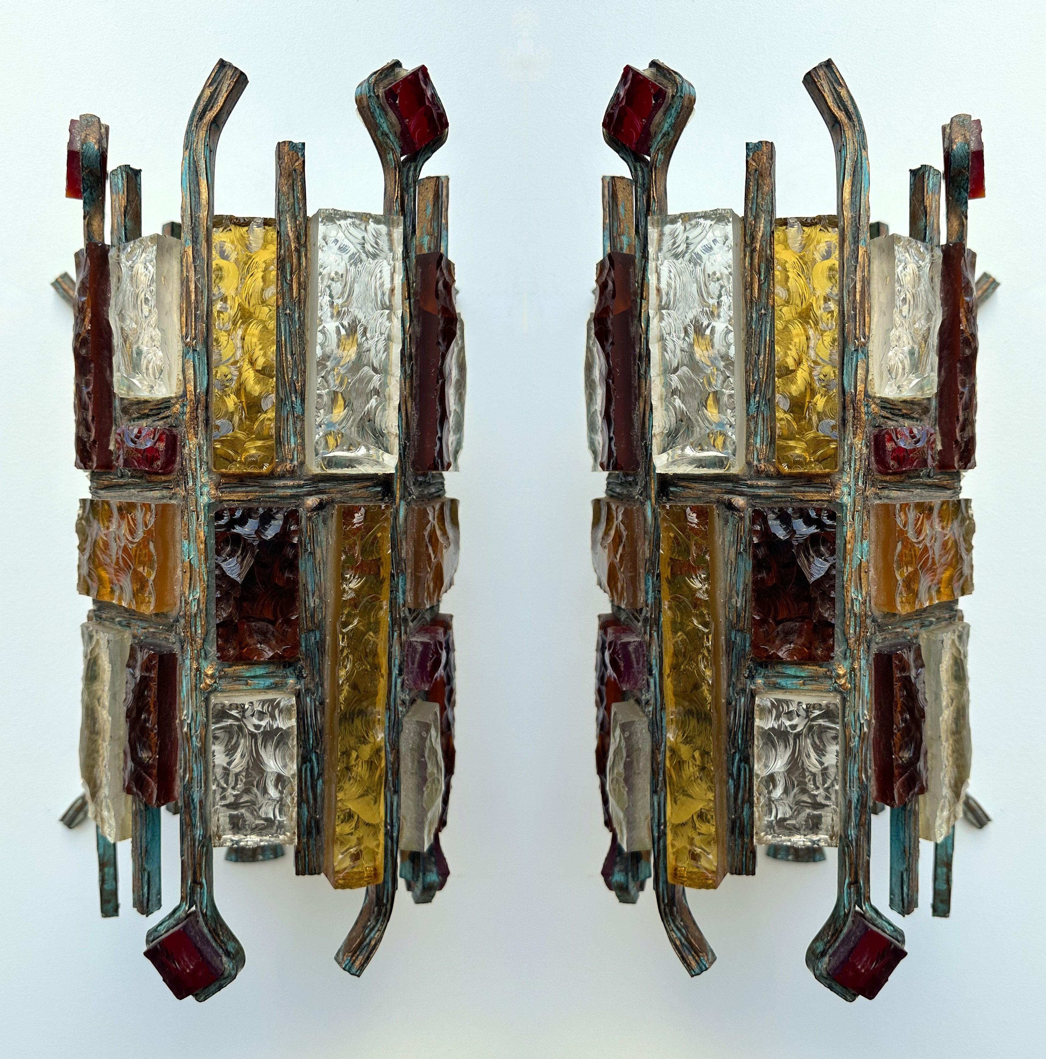 Italian Pair of Hammered Glass Wrought Iron Sconces by Longobard, Italy, 1970s
