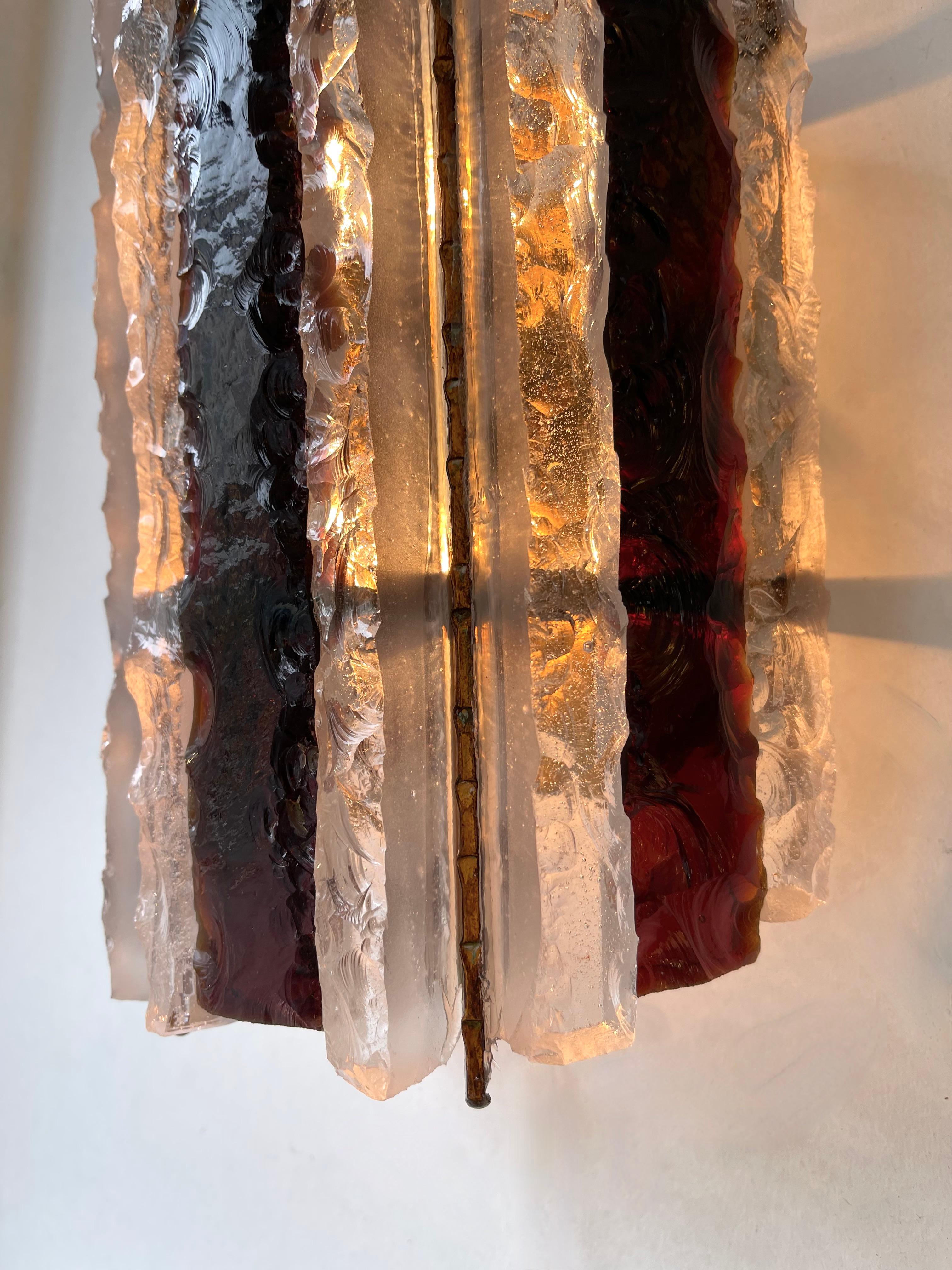 Pair of Hammered Glass Wrought Iron Sconces by Longobard, Italy, 1970s In Good Condition For Sale In SAINT-OUEN, FR