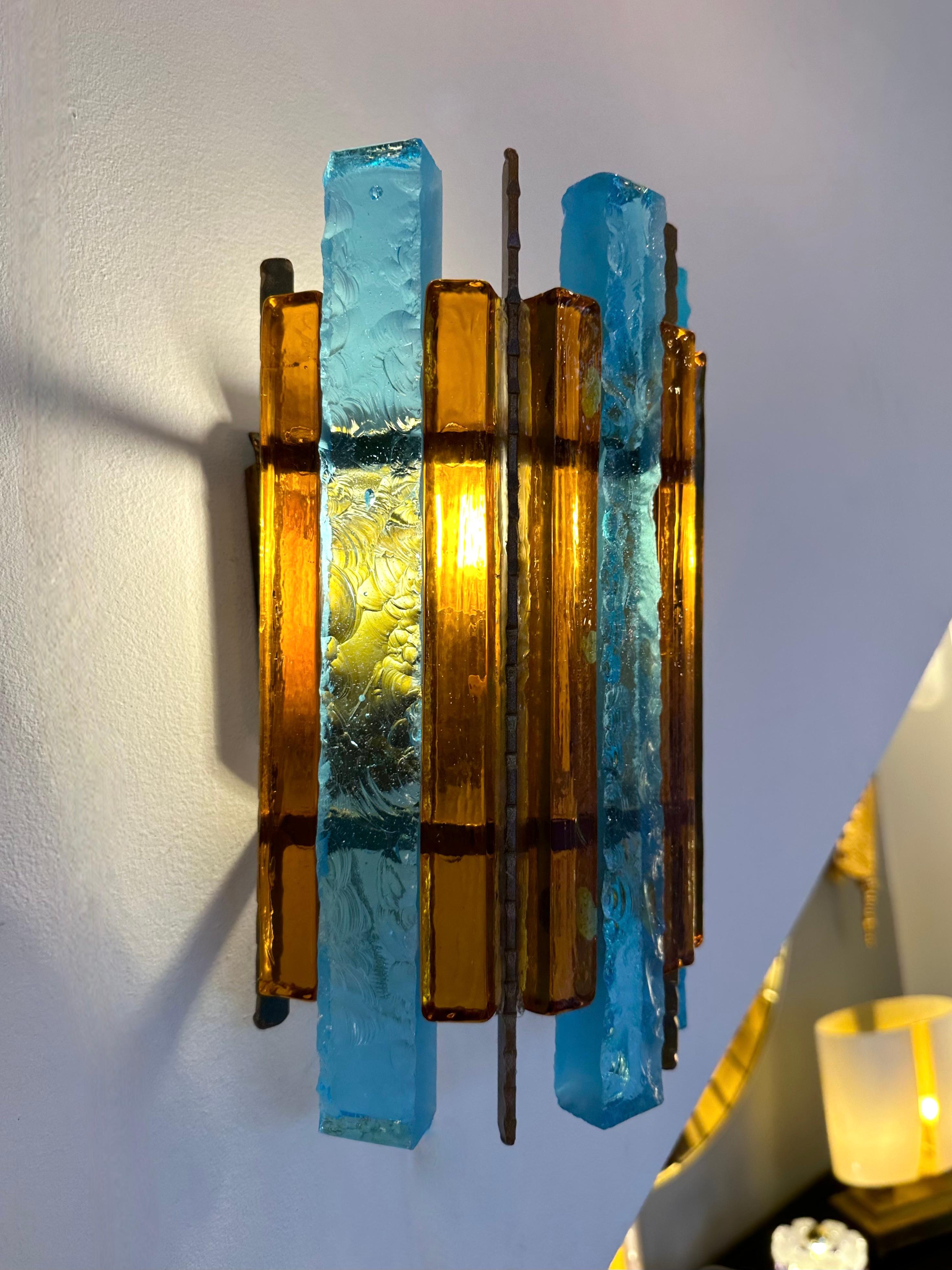 Gilt Pair of Hammered Glass Wrought Iron Sconces by Longobard, Italy, 1970s