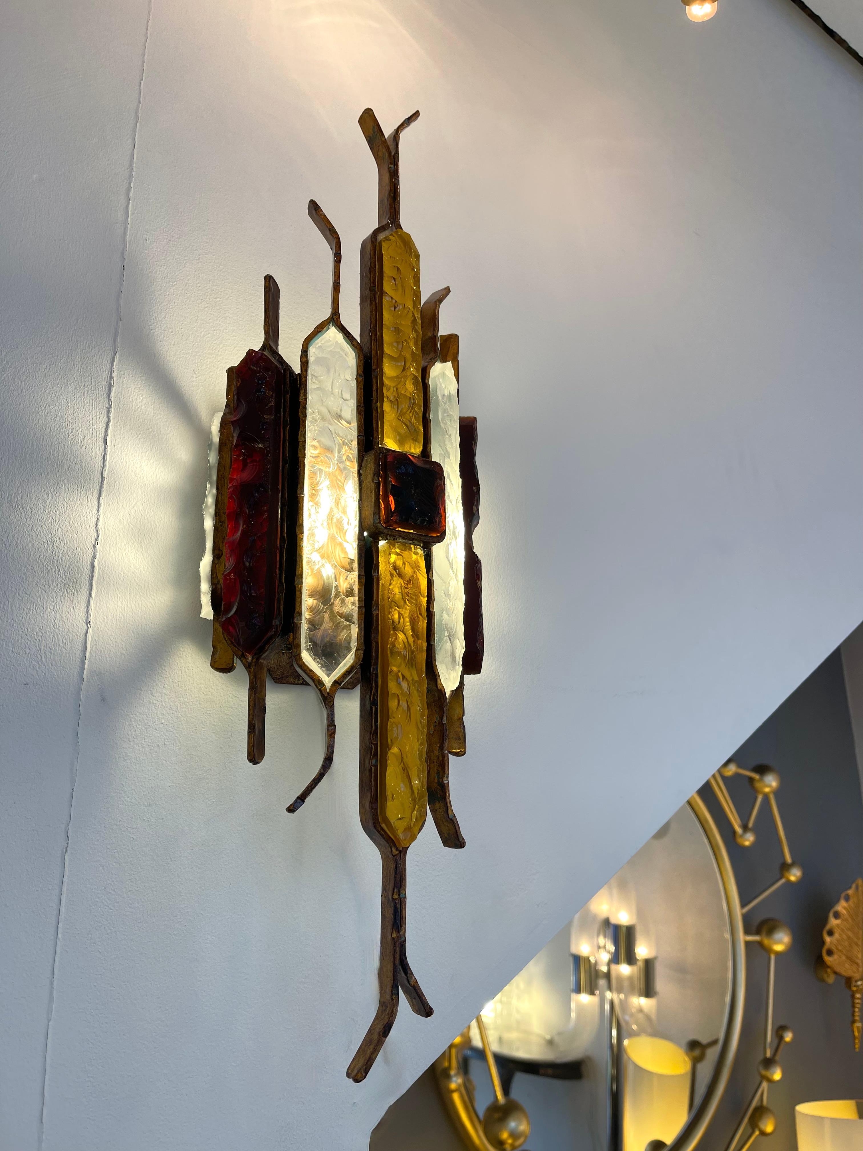 Late 20th Century Pair of Hammered Glass Wrought Iron Sconces by Longobard, Italy, 1970s