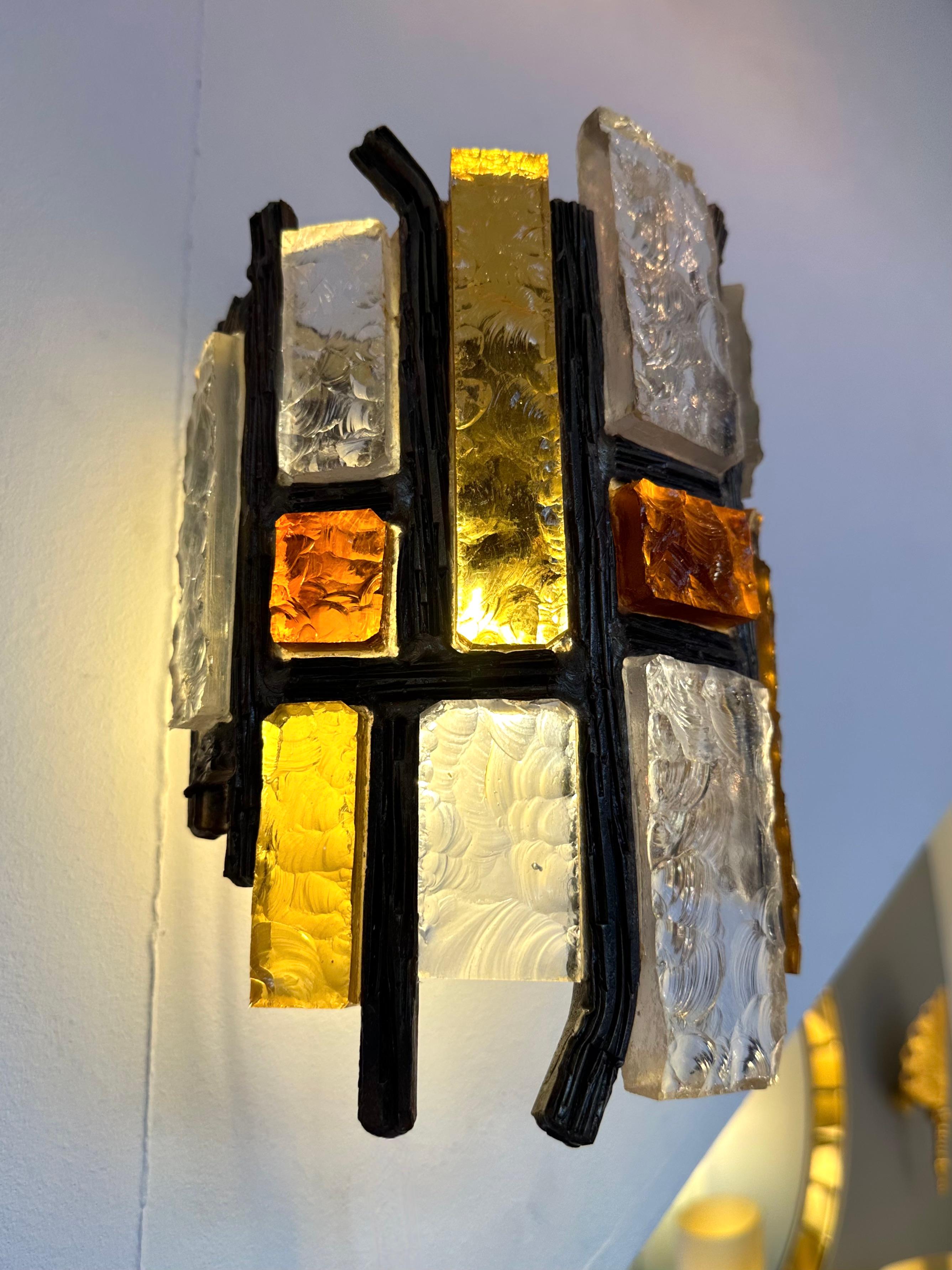 Late 20th Century Pair of Hammered Glass Wrought Iron Sconces by Longobard, Italy, 1970s For Sale