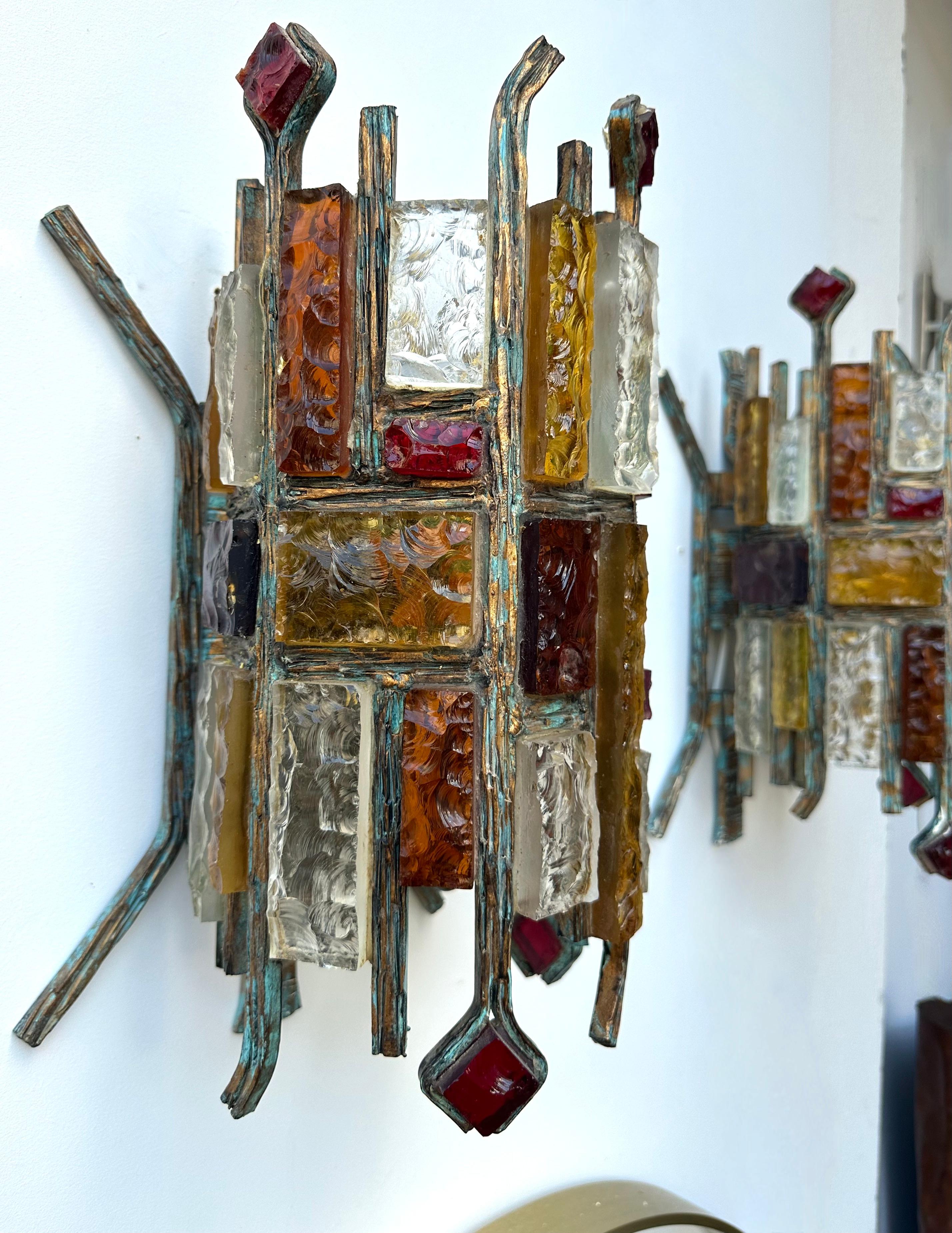 Late 20th Century Pair of Hammered Glass Wrought Iron Sconces by Longobard, Italy, 1970s