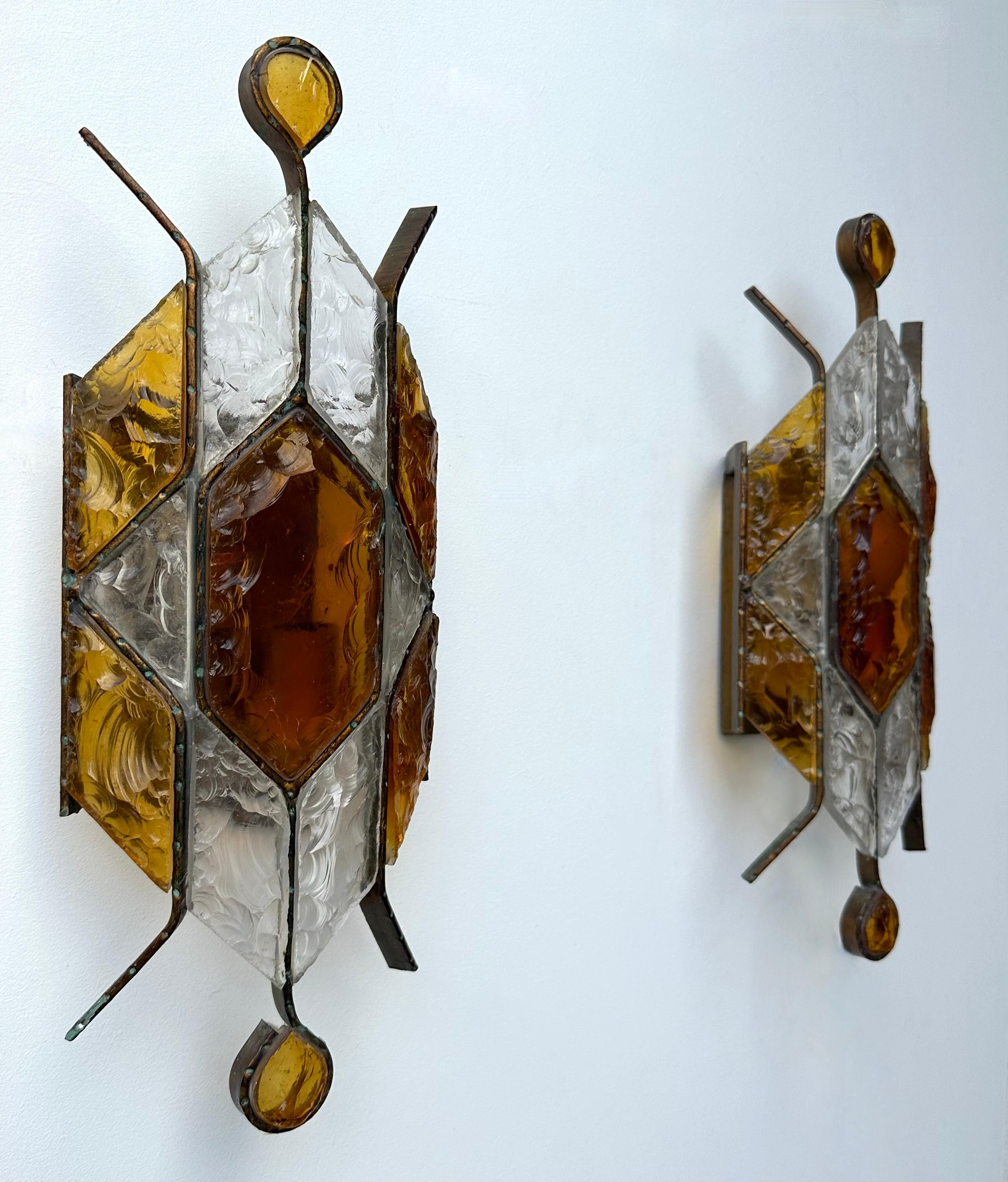 Late 20th Century Pair of Hammered Glass Wrought Iron Sconces by Longobard, Italy, 1970s For Sale