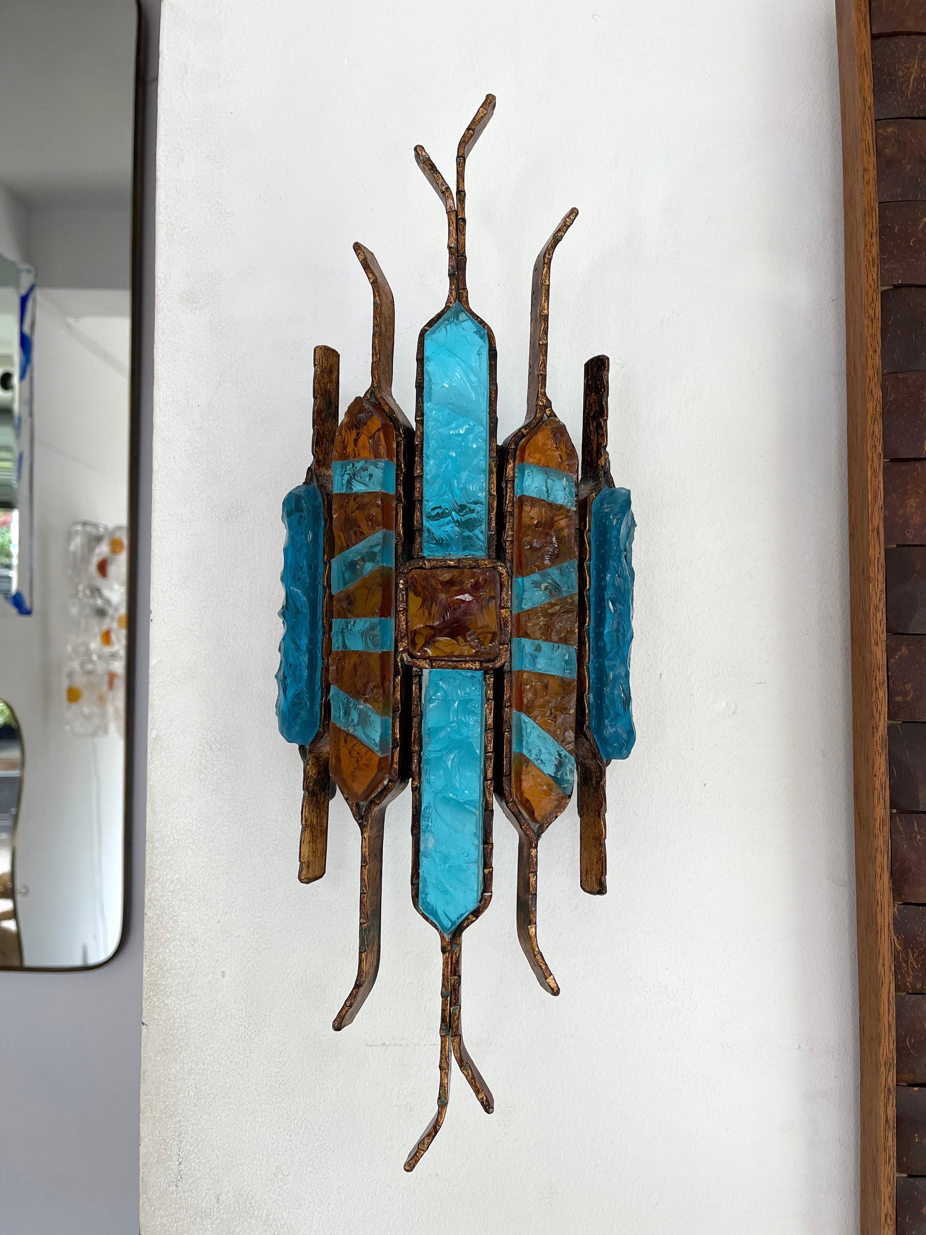 Pair of Hammered Glass Wrought Iron Sconces by Longobard, Italy, 1970s For Sale 1
