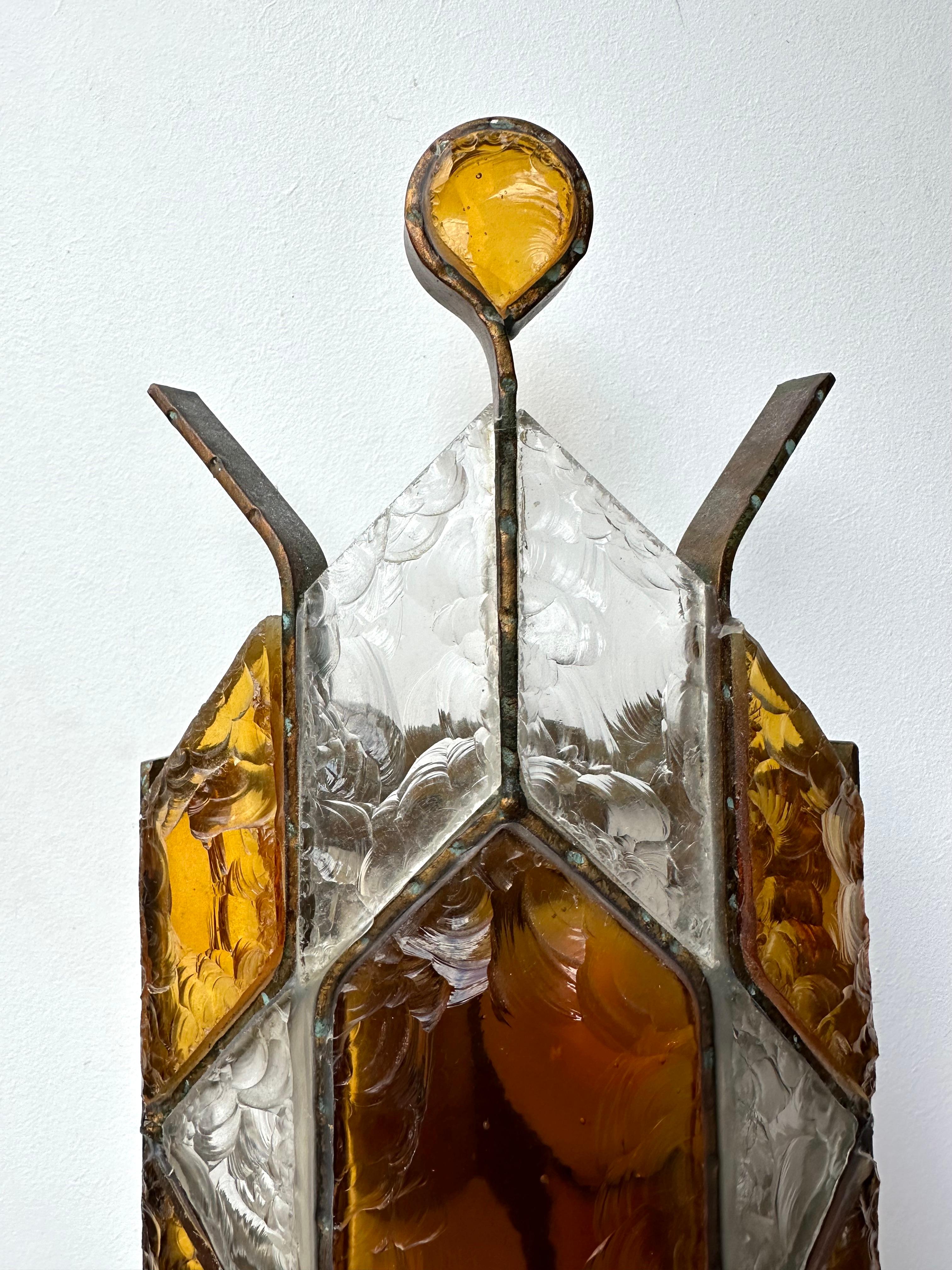 Pair of Hammered Glass Wrought Iron Sconces by Longobard, Italy, 1970s For Sale 1