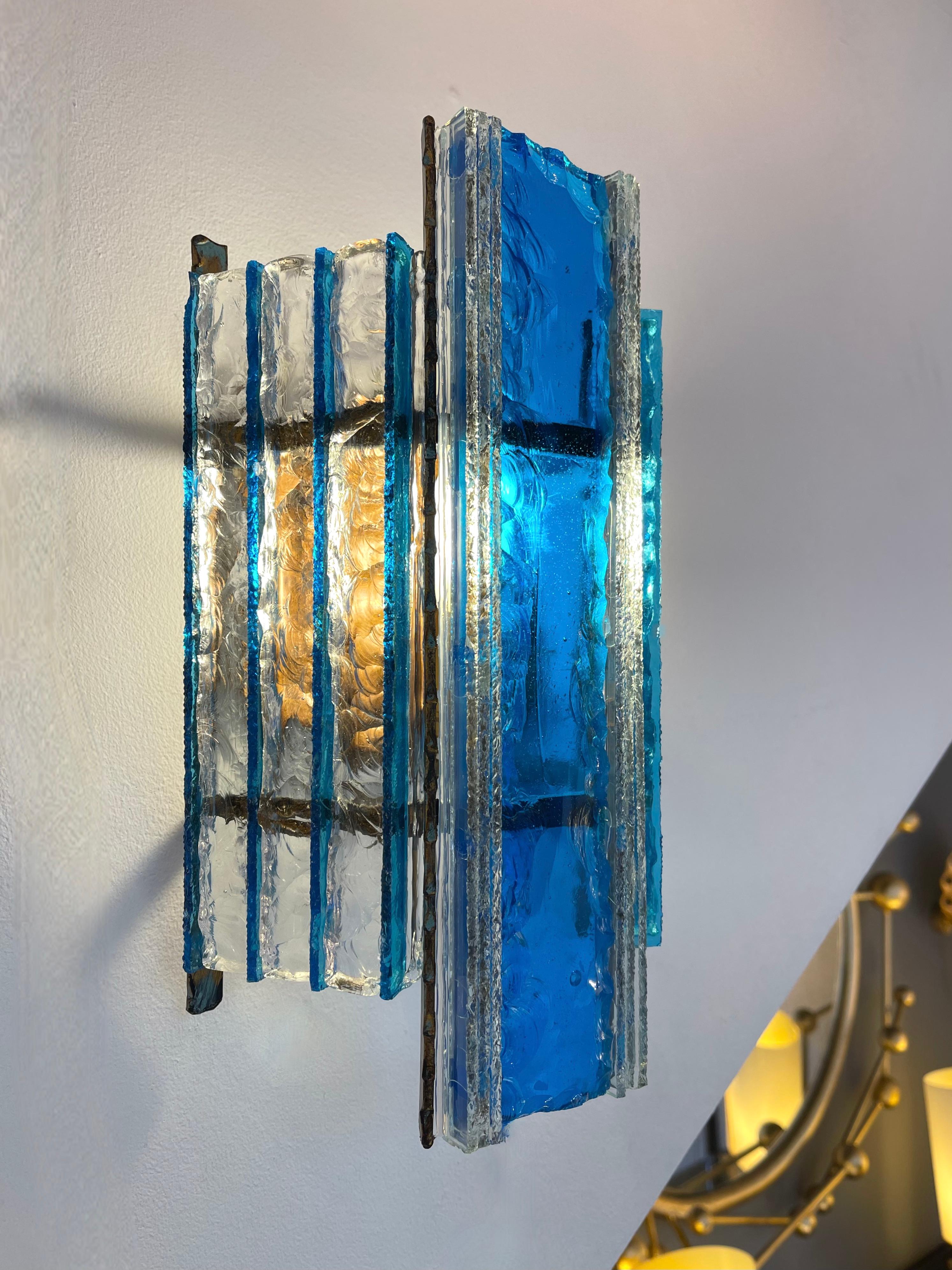 Pair of Hammered Glass Wrought Iron Sconces by Longobard, Italy, 1970s 2