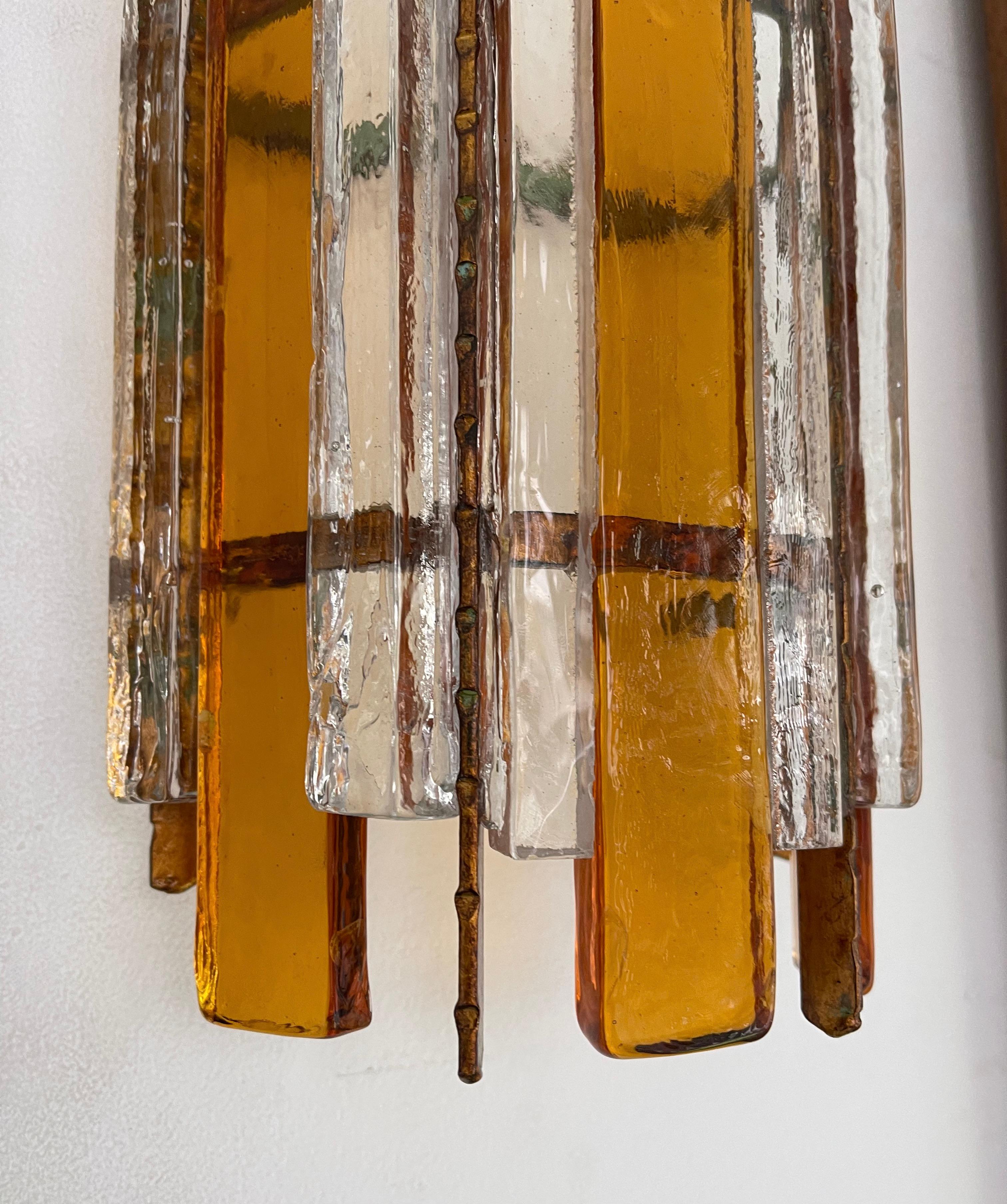 Pair of Hammered Glass Wrought Iron Sconces by Longobard, Italy, 1970s For Sale 2