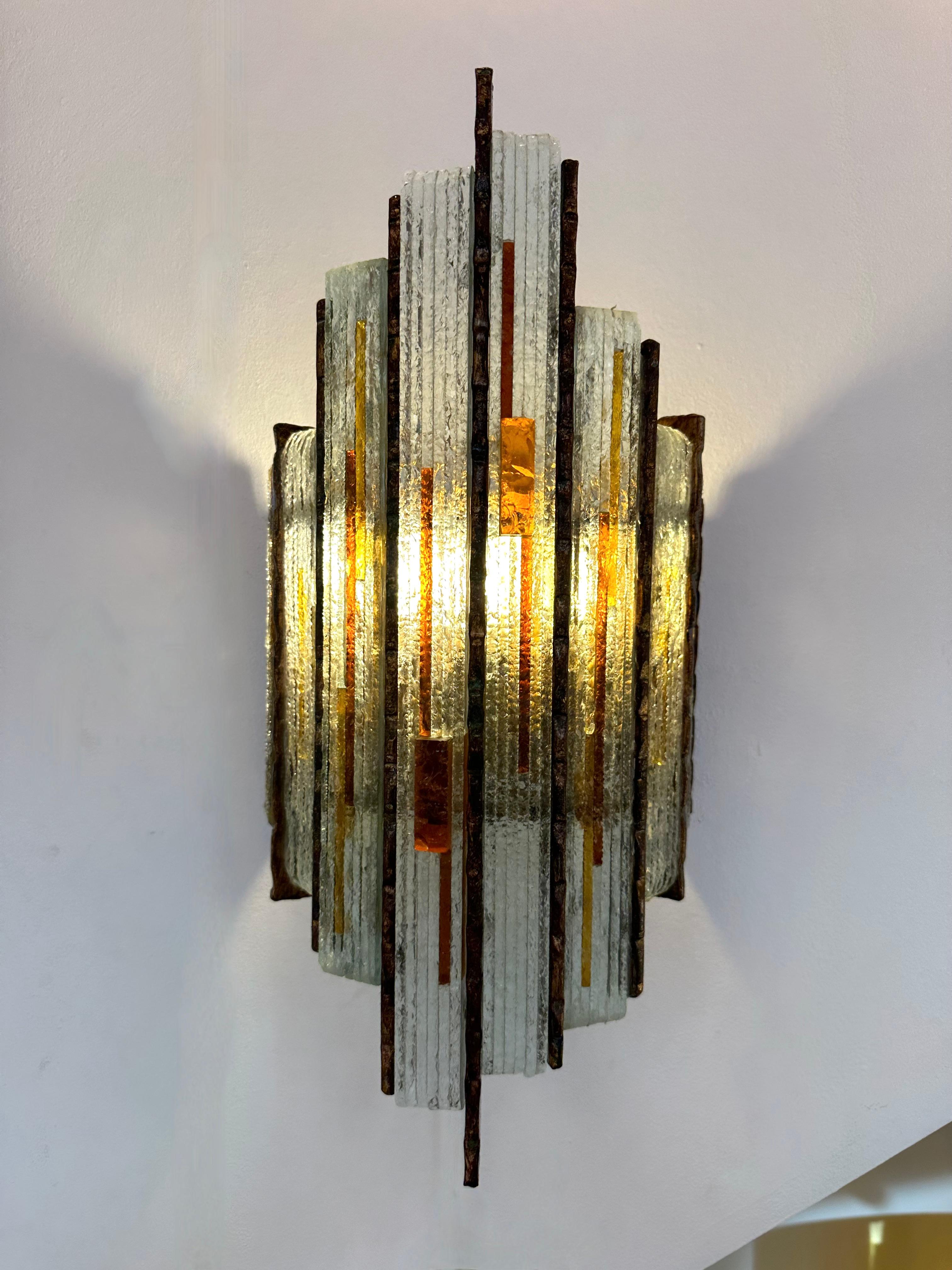 Pair of Hammered Glass Wrought Iron Sconces by Longobard, Italy, 1970s 1