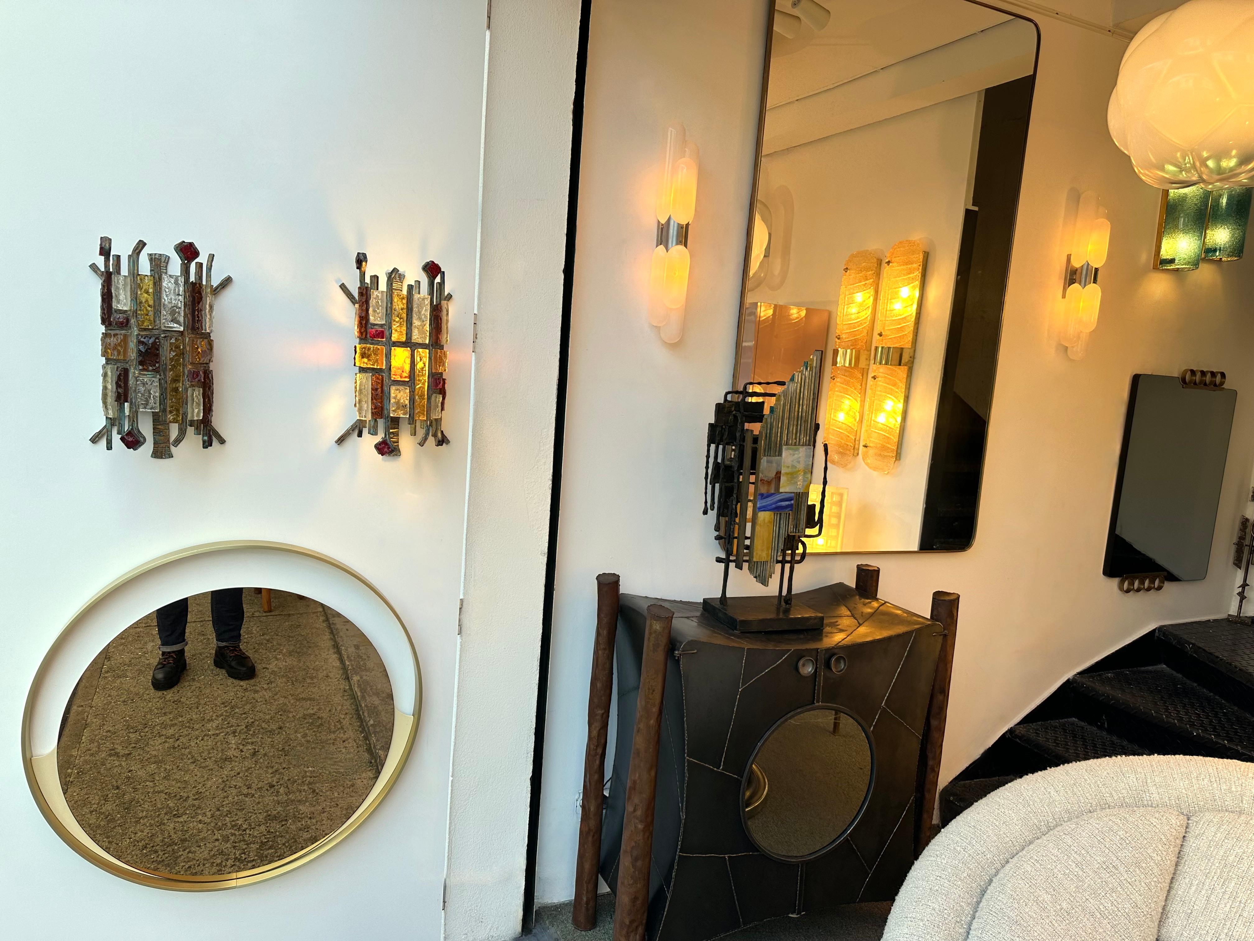 Pair of Hammered Glass Wrought Iron Sconces by Longobard, Italy, 1970s 2