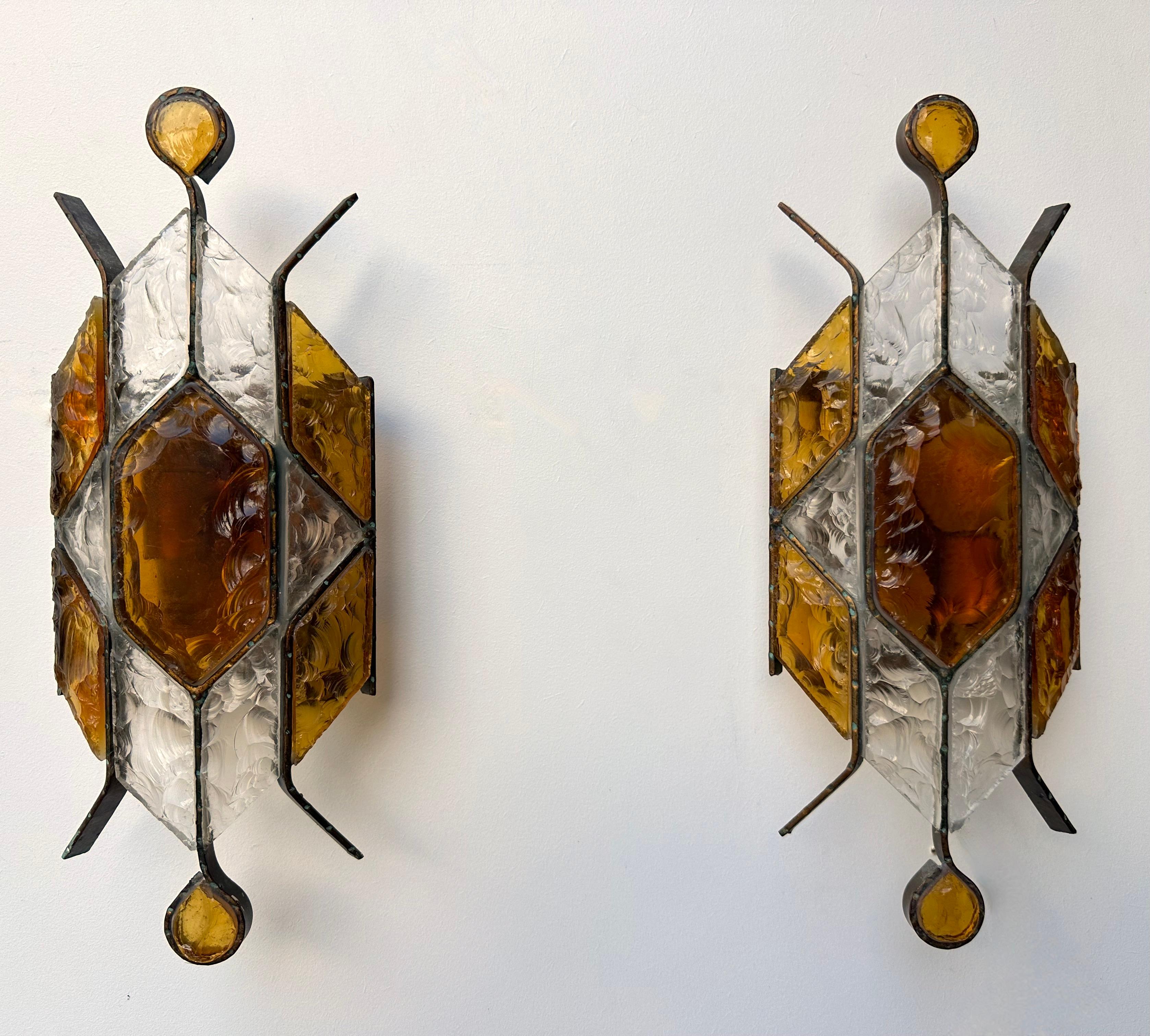 Pair of Hammered Glass Wrought Iron Sconces by Longobard, Italy, 1970s For Sale 2