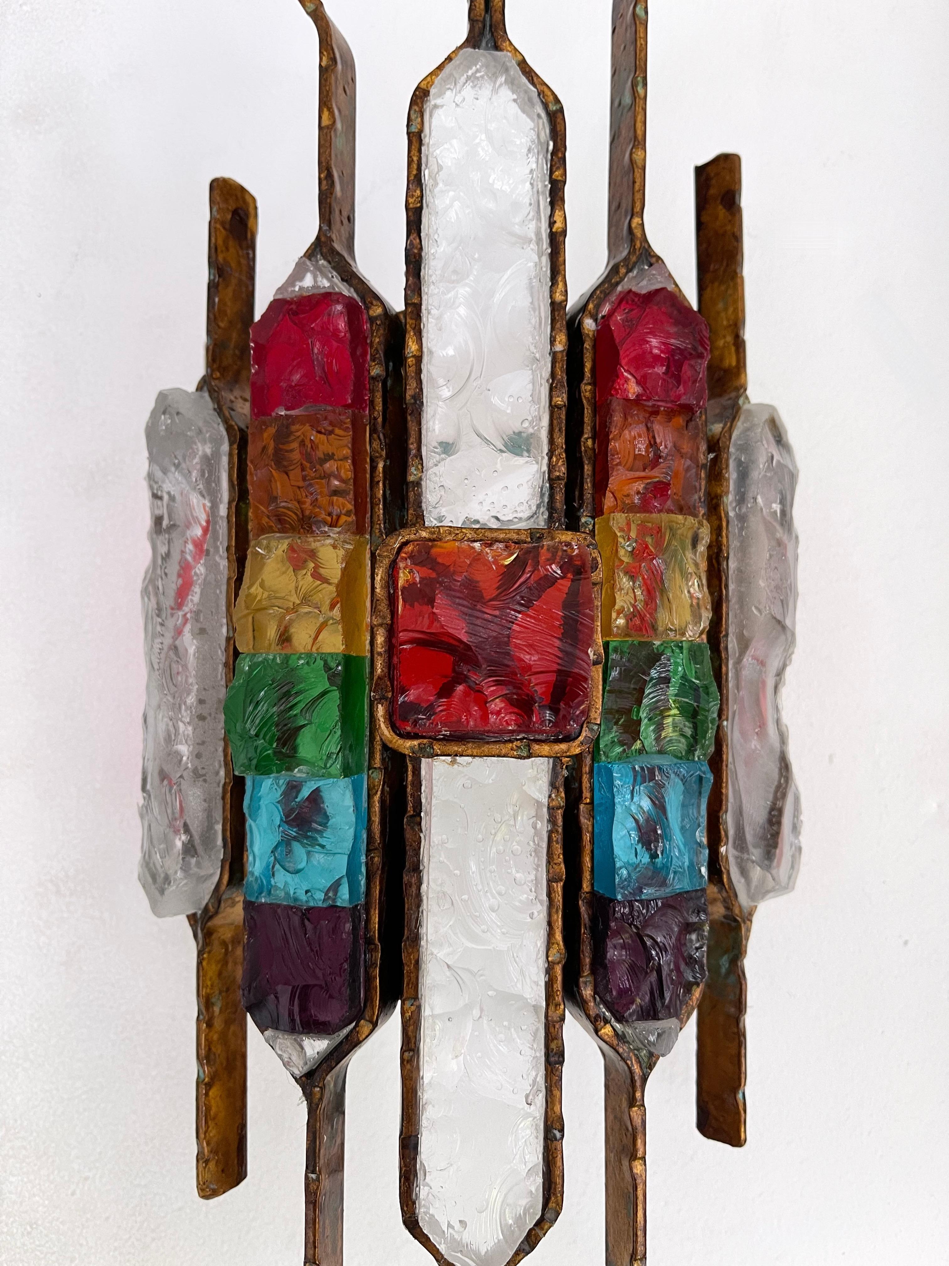 Paire d'appliques en fer forgé et verre martelé de Longobard, Italie, 1970 en vente 1