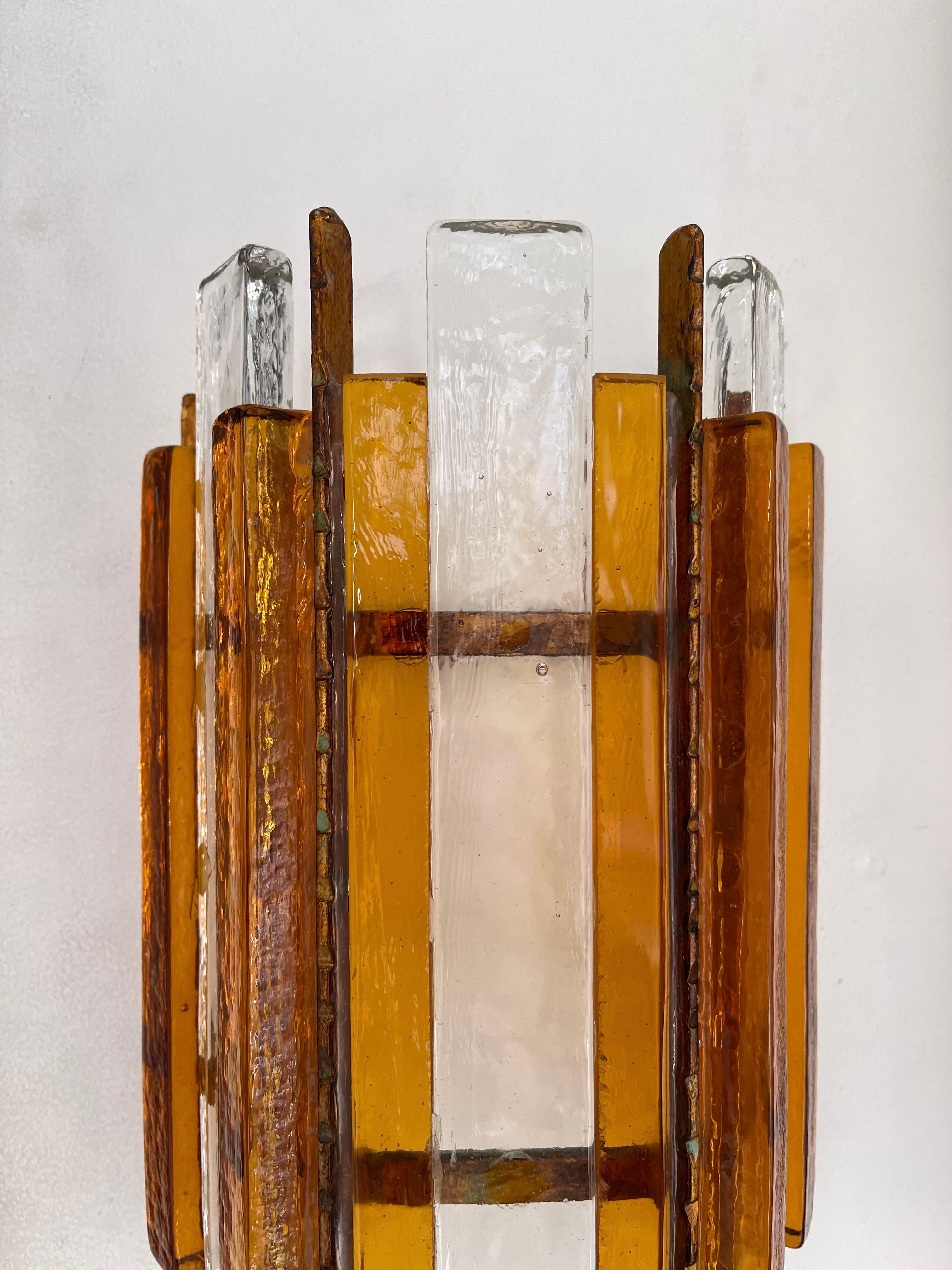 Pair of Hammered Glass Wrought Iron Sconces by Longobard, Italy, 1970s For Sale 3